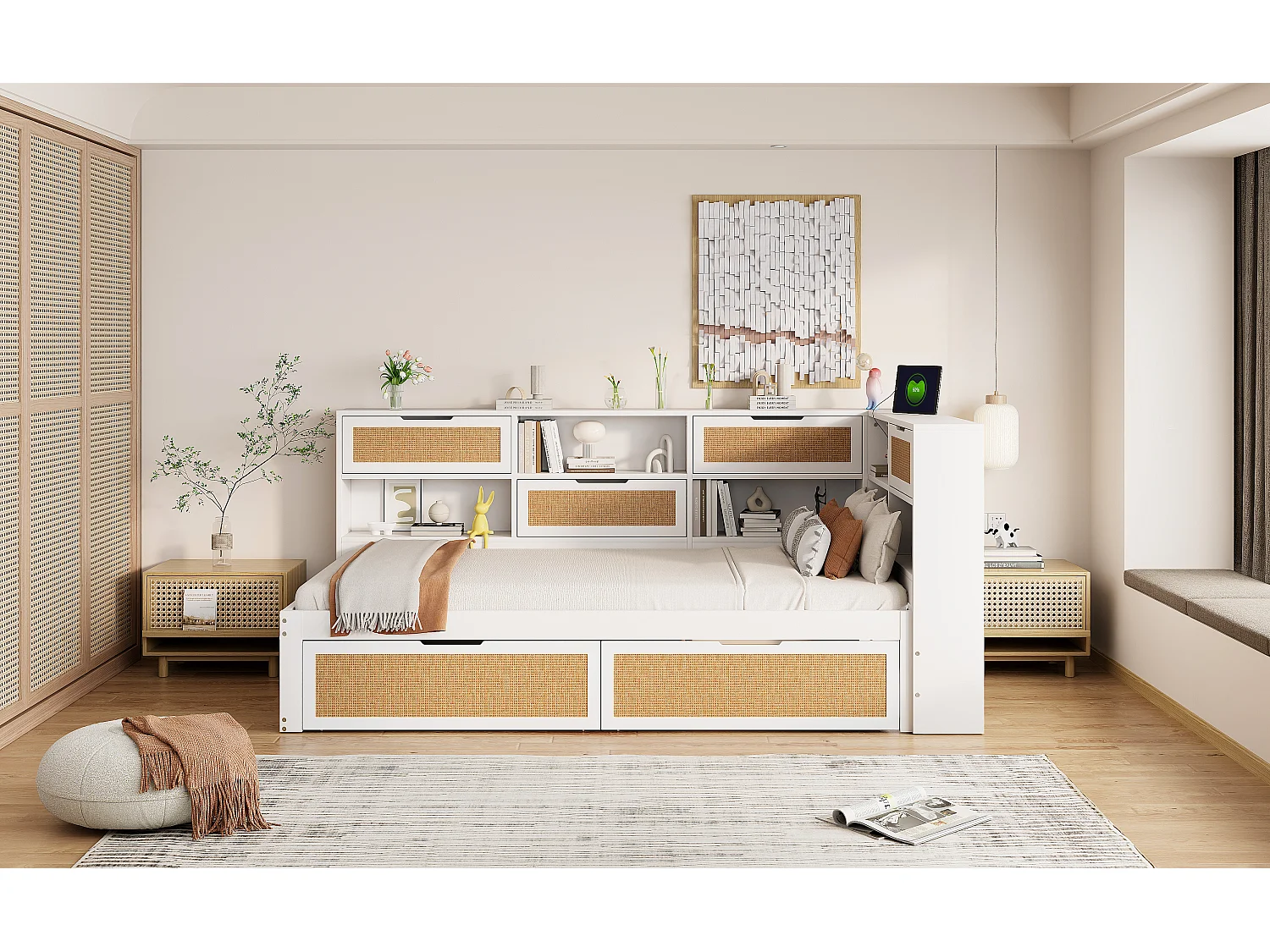 Canapé-lit multifonction en bois massif avec tiroirs, rangements intégrés et prises de charge, blanc (90x200x92 cm)