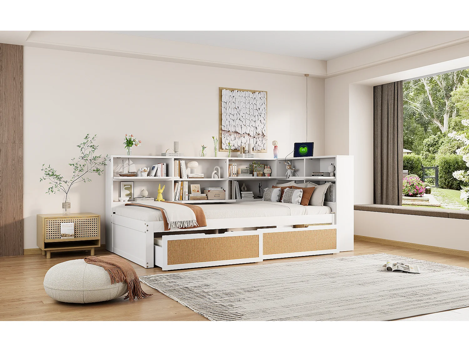 Canapé-lit multifonction en bois massif avec tiroirs, rangements intégrés et prises de charge, blanc (90x200x92 cm)