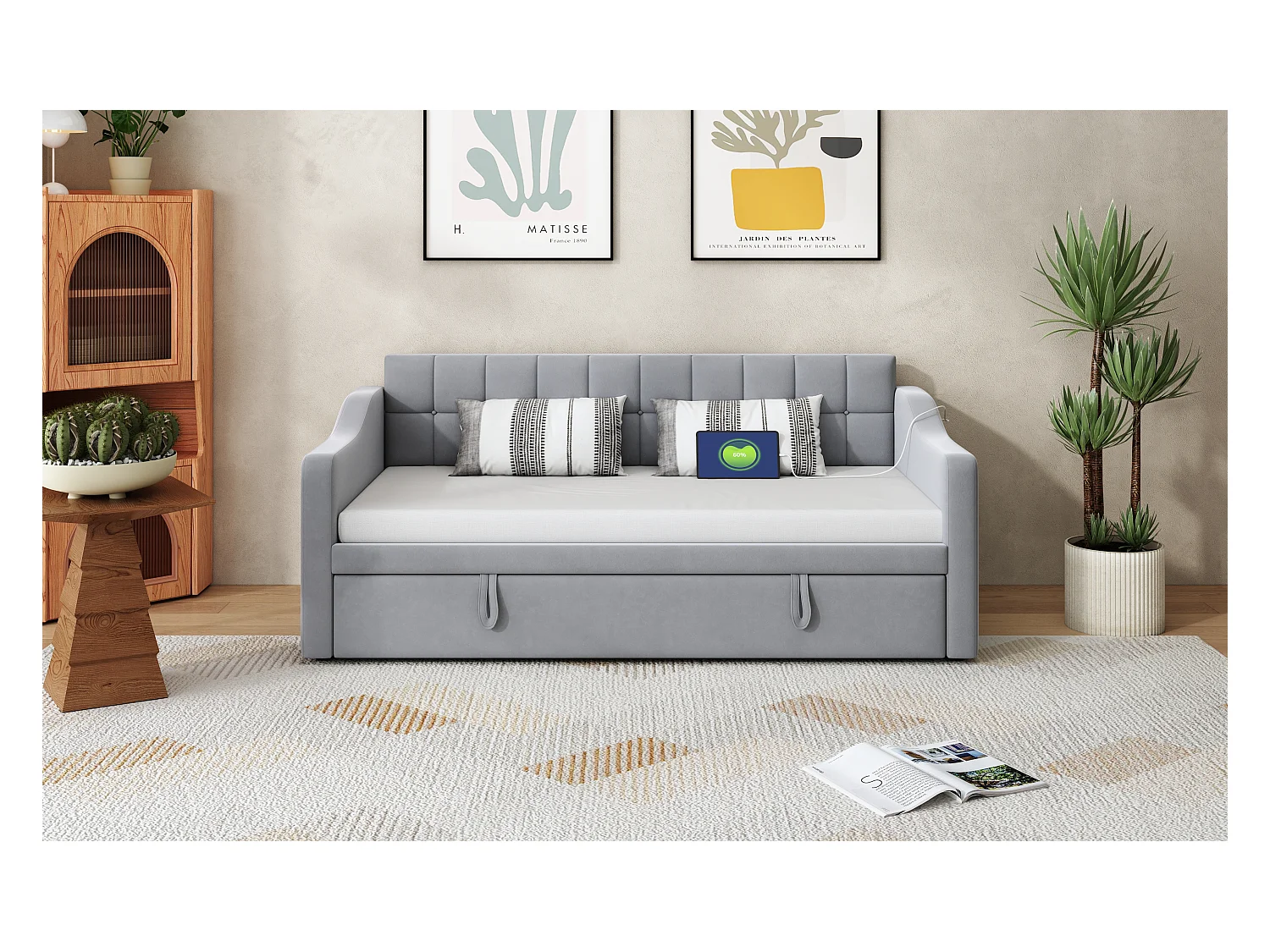 Canapé-lit convertible 2 en 1, design multifonction, velours, gris clair avec rangement et ports USB (207x99x80 cm)