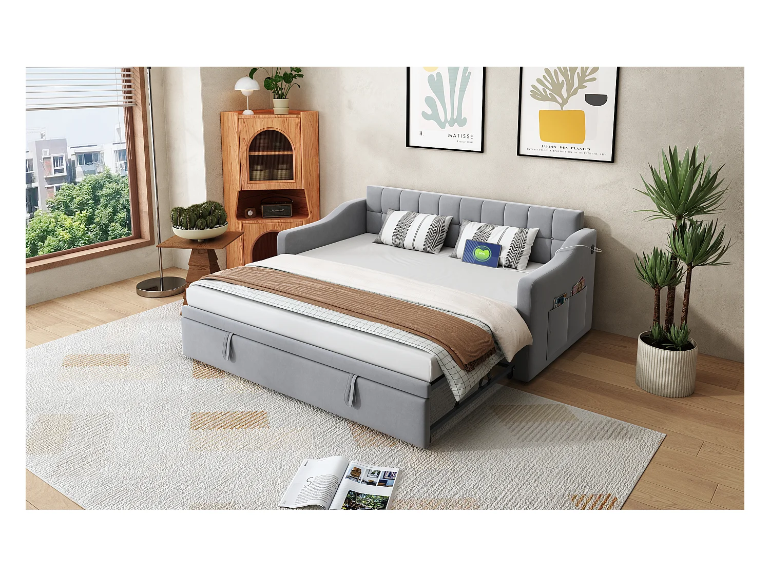 Canapé-lit convertible 2 en 1, design multifonction, velours, gris clair avec rangement et ports USB (207x99x80 cm)