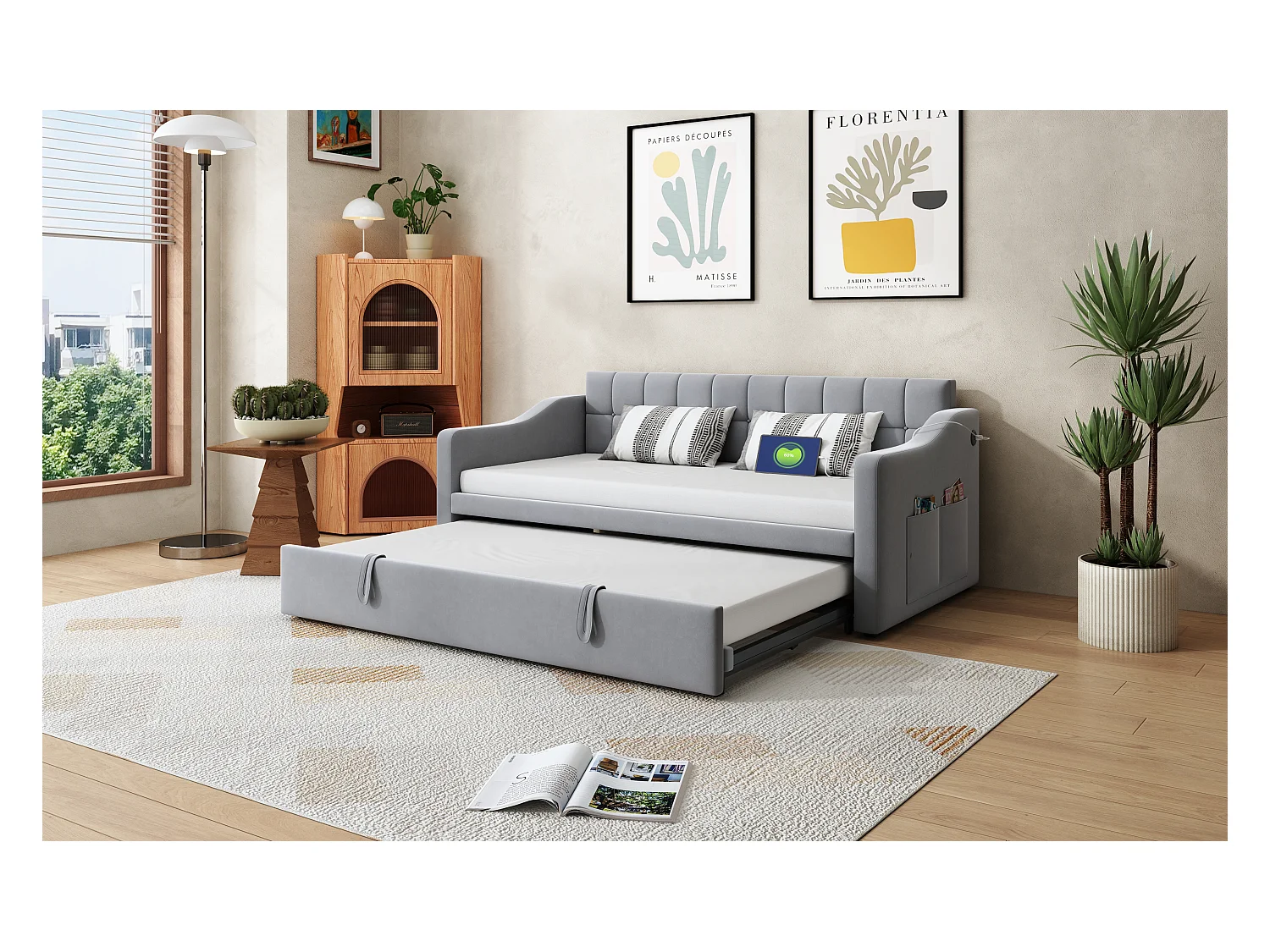 Canapé-lit convertible 2 en 1, design multifonction, velours, gris clair avec rangement et ports USB (207x99x80 cm)