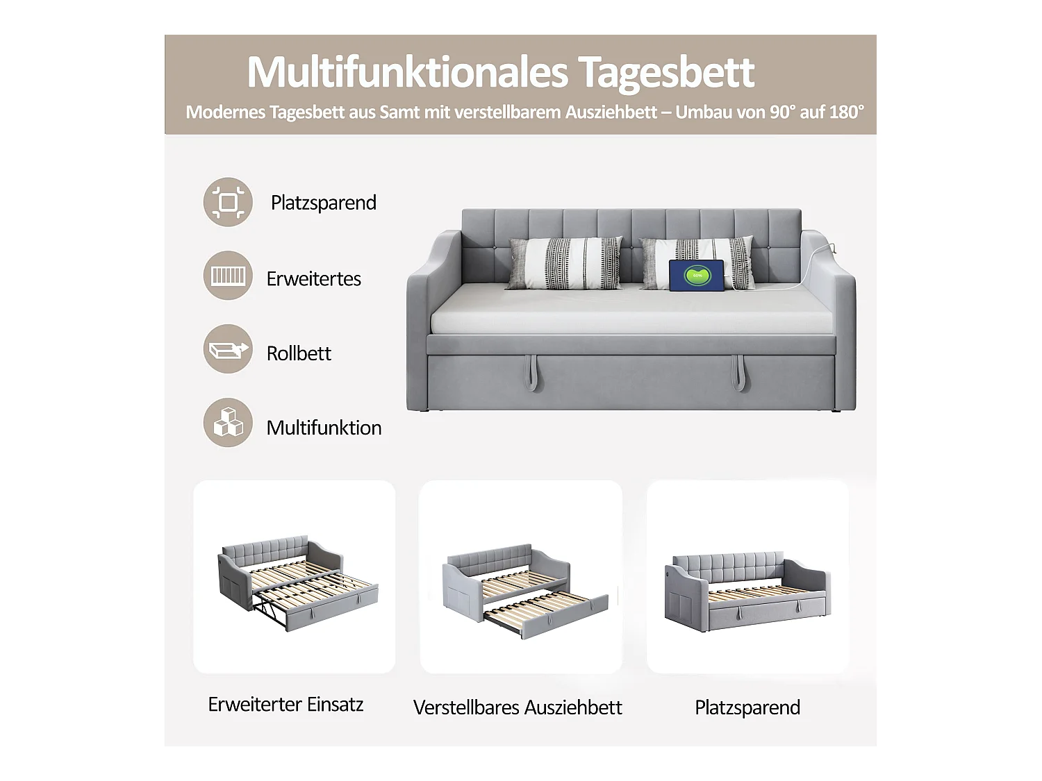 Canapé-lit convertible 2 en 1, design multifonction, velours, gris clair avec rangement et ports USB (207x99x80 cm)