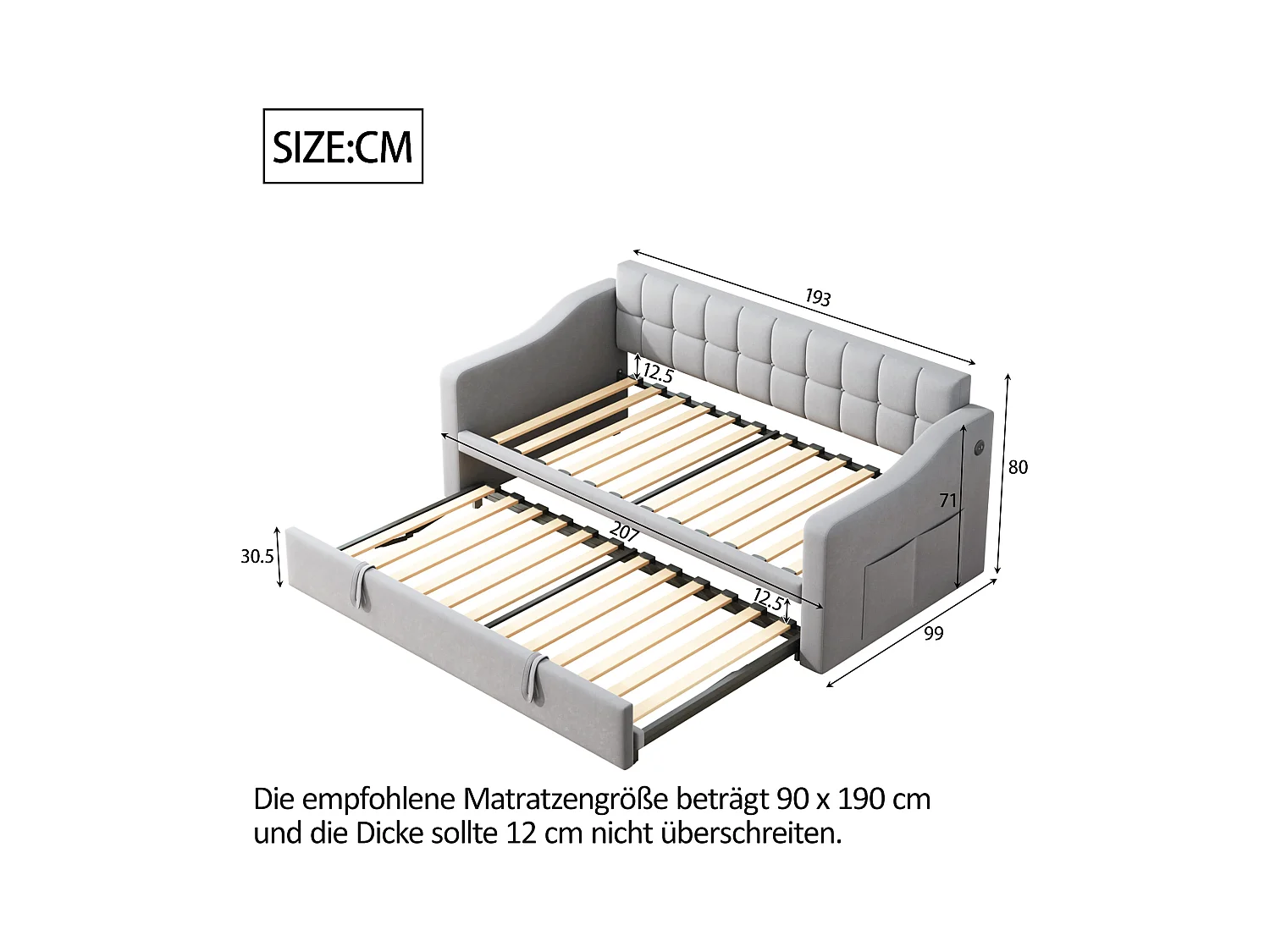 Canapé-lit convertible 2 en 1, design multifonction, velours, gris clair avec rangement et ports USB (207x99x80 cm)