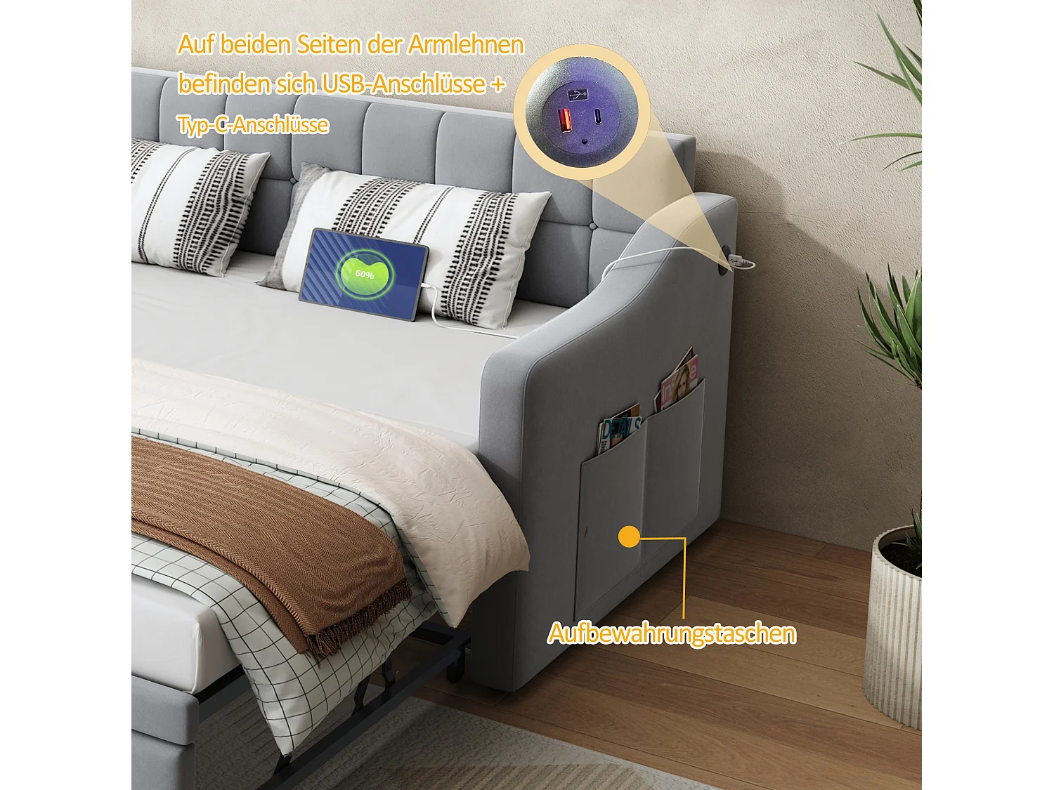 Canapé-lit convertible 2 en 1, design multifonction, velours, gris clair avec rangement et ports USB (207x99x80 cm)