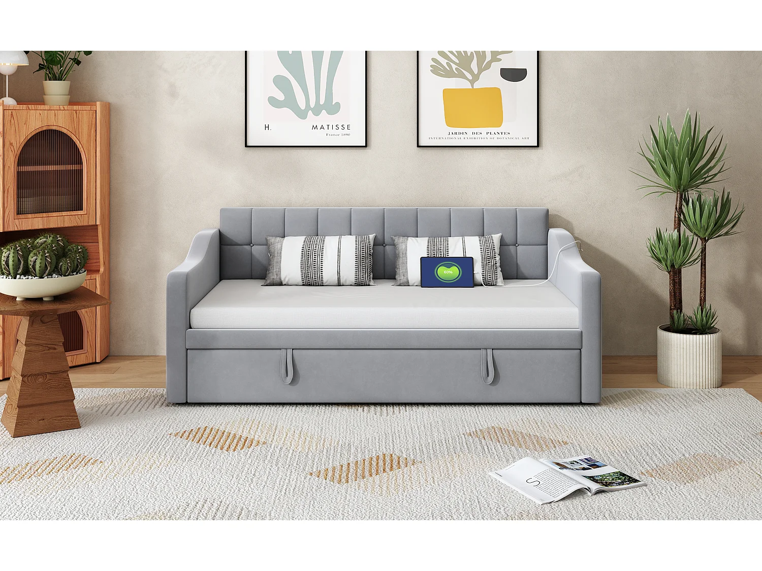 Canapé-lit convertible 2 en 1, design multifonction, velours, gris clair avec rangement et ports USB (207x99x80 cm)