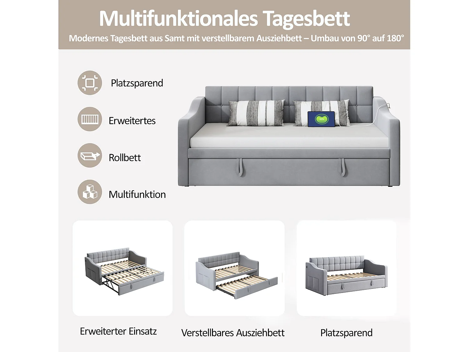 Canapé-lit convertible 2 en 1, design multifonction, velours, gris clair avec rangement et ports USB (207x99x80 cm)