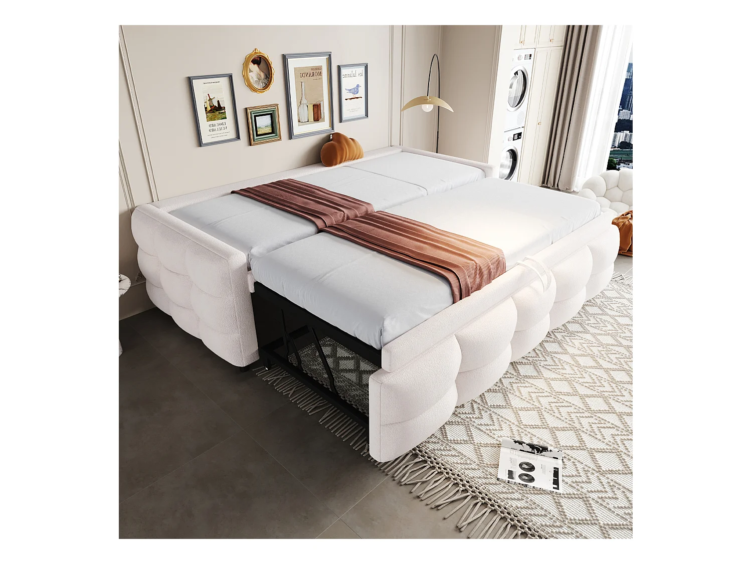 Canapé-lit extensible en velours teddy, multifonction, 90x180x190 cm, beige