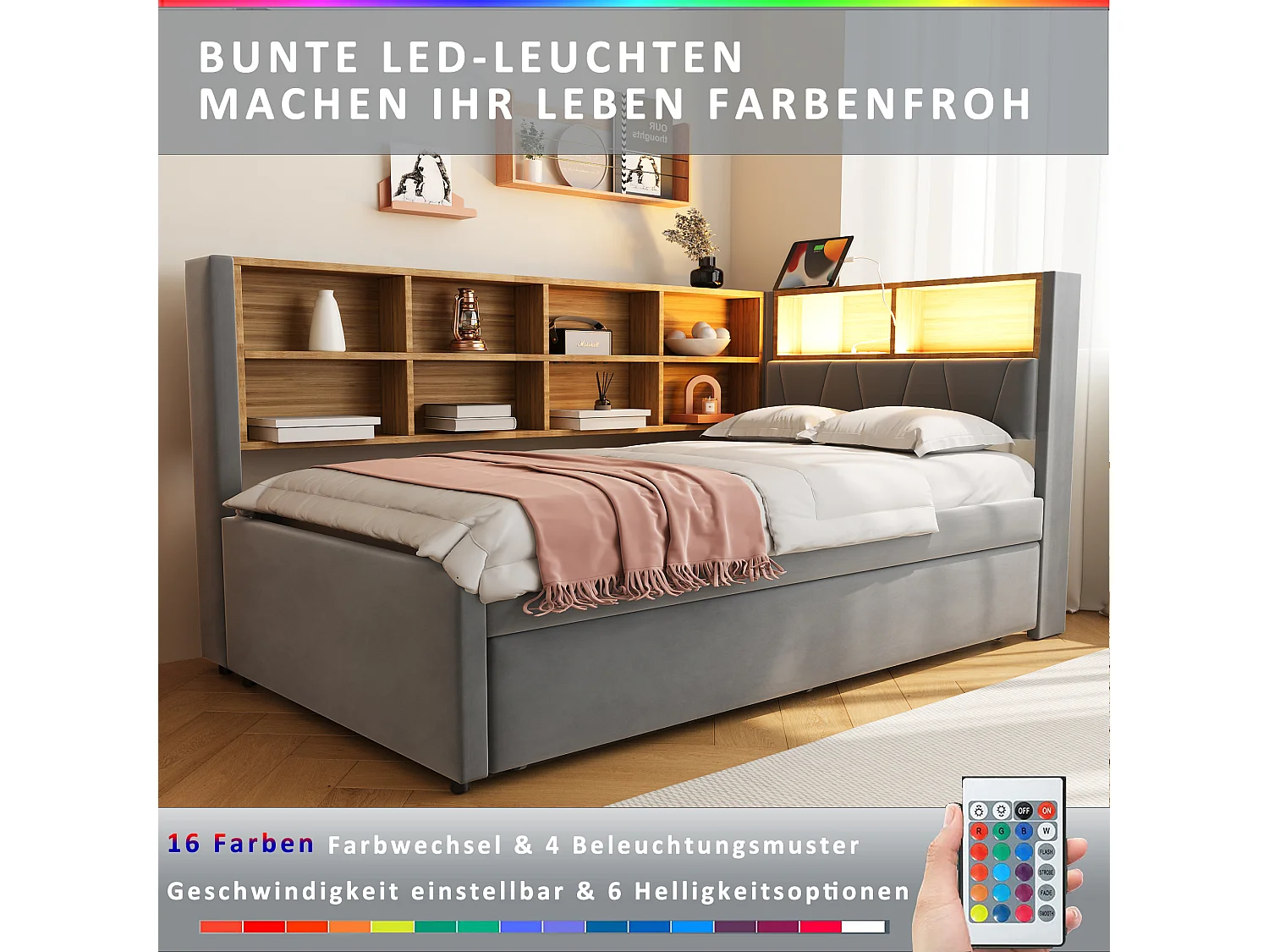 Canapé-lit multifonction avec LED et rangements, flanelle, gris foncé (213x103x98 cm)