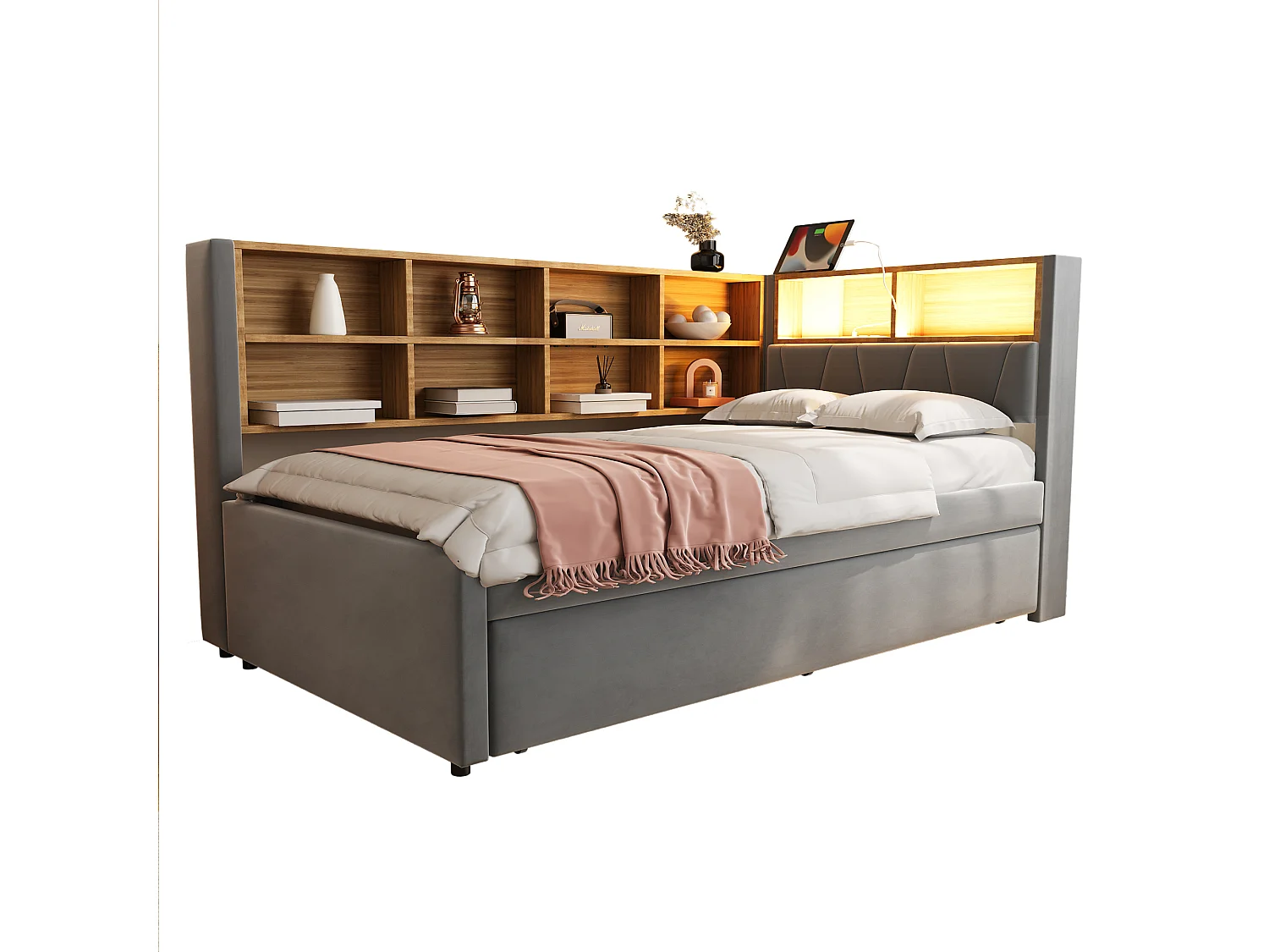 Canapé-lit multifonction avec LED et rangements, flanelle, gris foncé (213x103x98 cm)