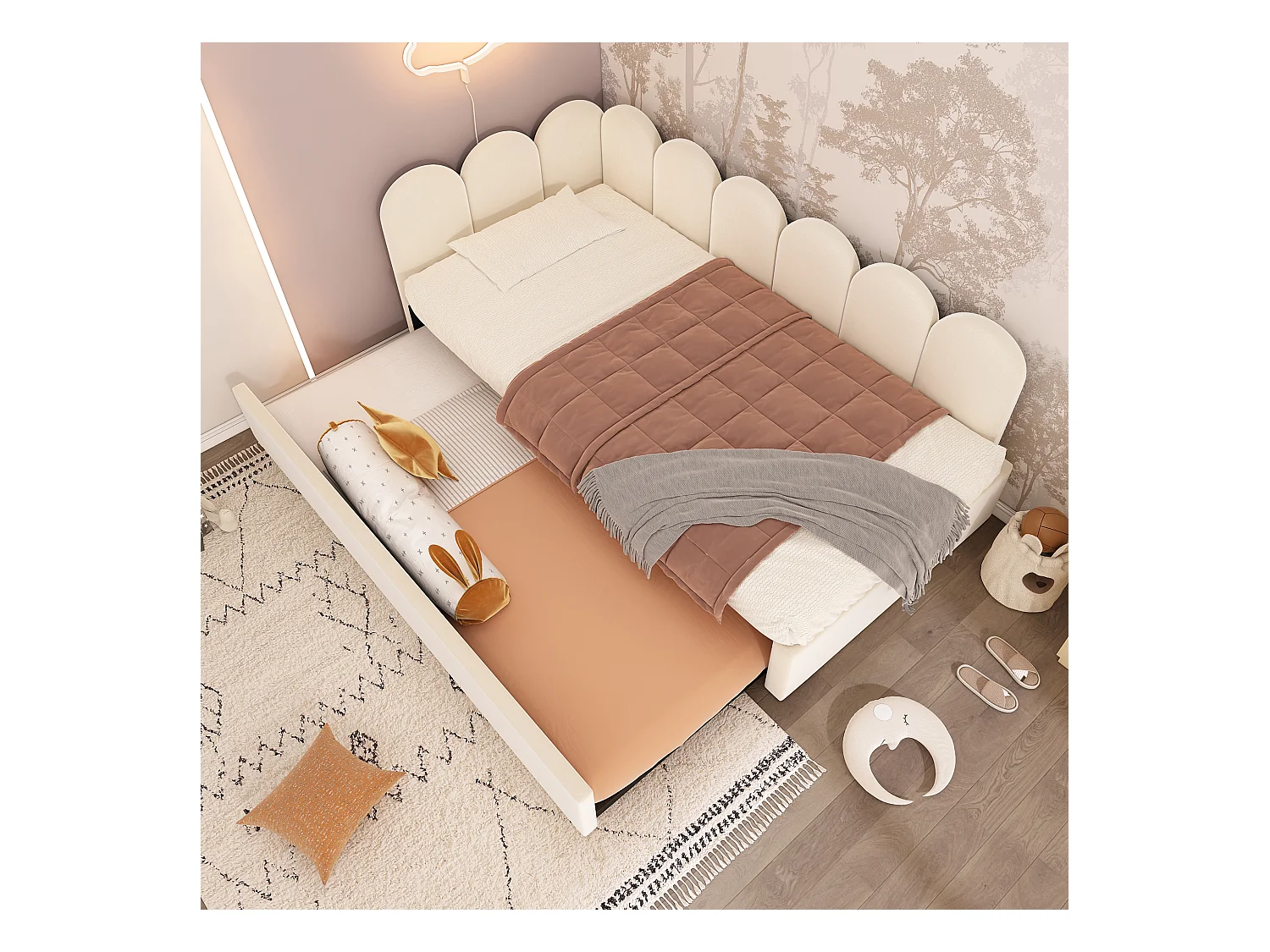 Sofá cama con cama nido, diseño práctico, terciopelo, beige, con láminas (97x203x76cm)