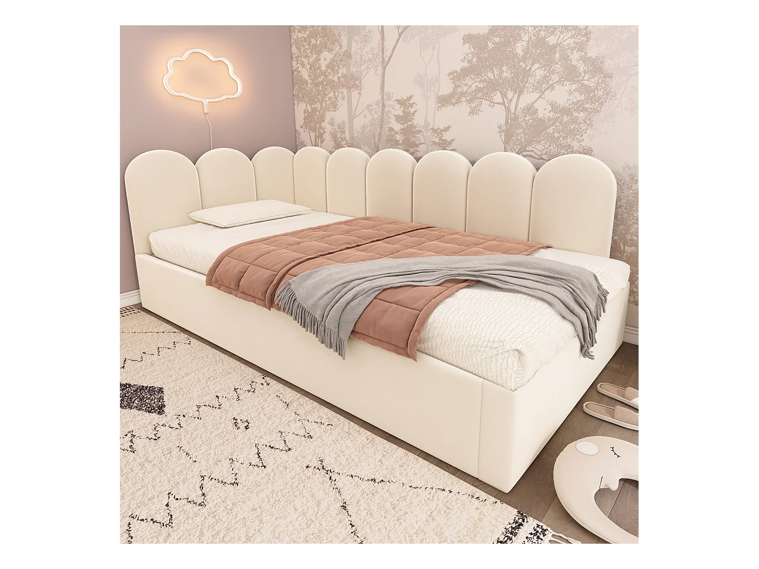 Sofá cama con cama nido, diseño práctico, terciopelo, beige, con láminas (97x203x76cm)