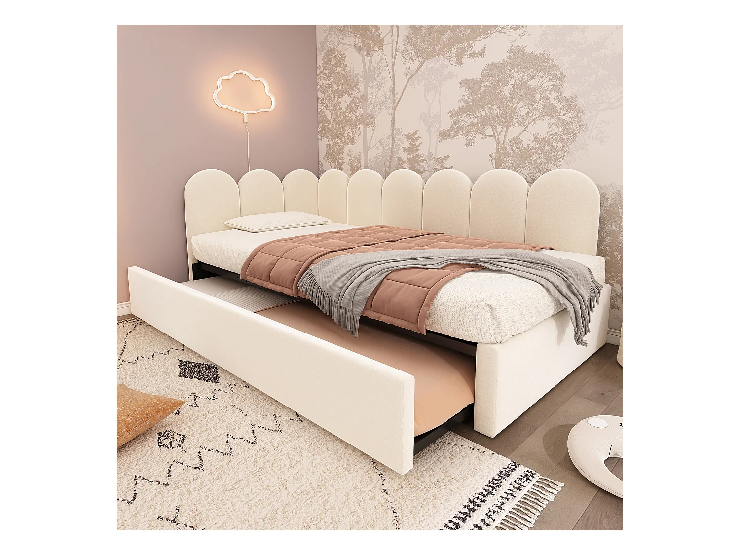 Sofá cama con cama nido, diseño práctico, terciopelo, beige, con láminas (97x203x76cm)