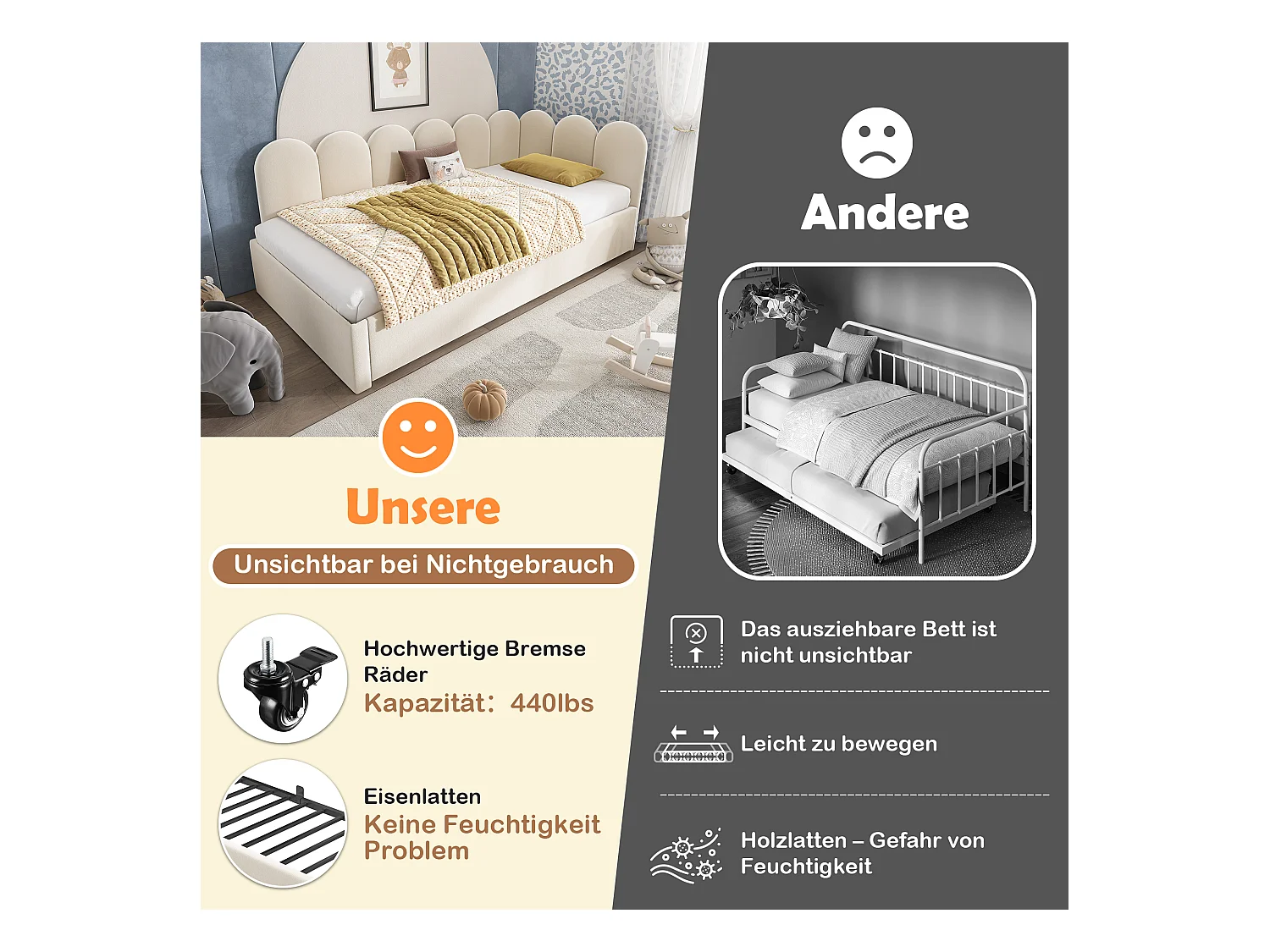 Sofá cama con cama nido, diseño práctico, terciopelo, beige, con láminas (97x203x76cm)