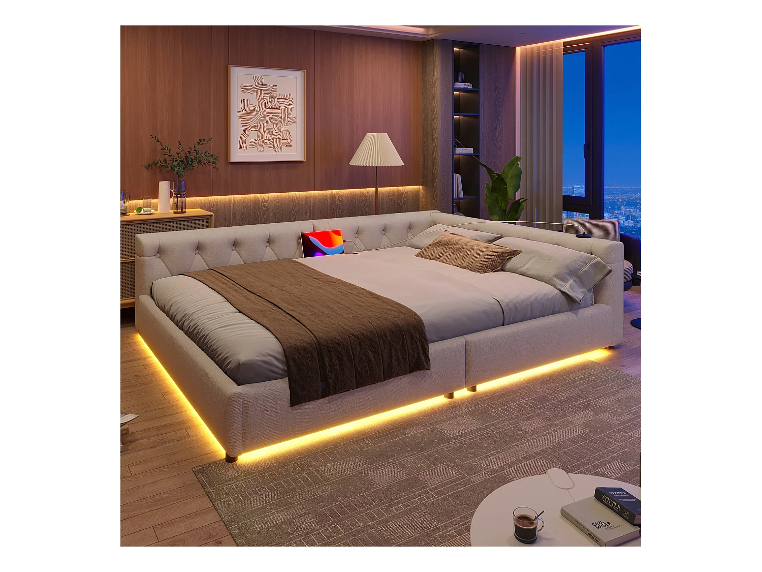 Canapé-lit design, 140x200 cm, avec éclairage ambiant et ports USB/Type-C, lin, beige (213x153x50 cm)