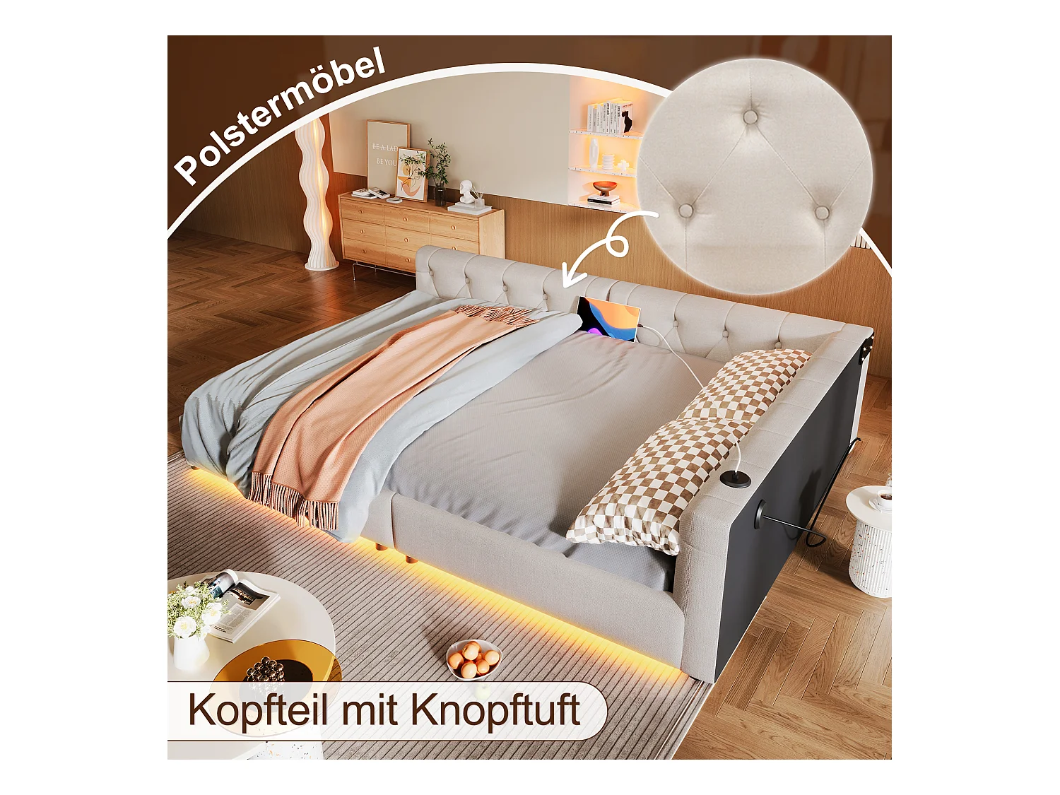 Canapé-lit design, 140x200 cm, avec éclairage ambiant et ports USB/Type-C, lin, beige (213x153x50 cm)