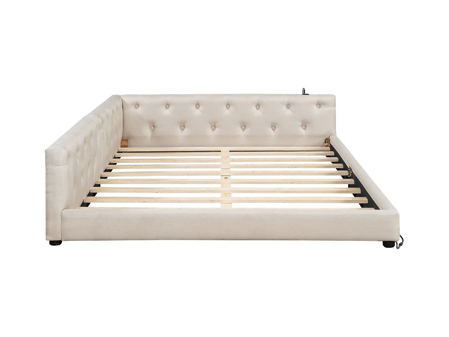 Canapé-lit design, 140x200 cm, avec éclairage ambiant et ports USB/Type-C, lin, beige (213x153x50 cm)