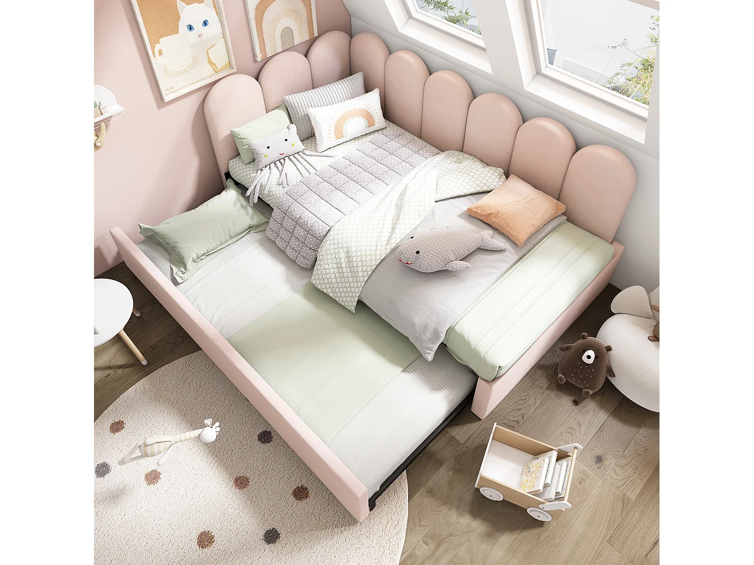 Cama infantil convertible con sofá cama, terciopelo, rosa, somier, extensible (90x200 cm)
