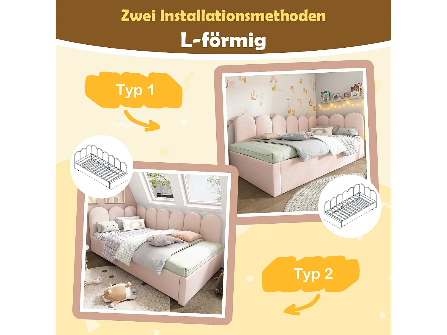 Cama infantil convertible con sofá cama, terciopelo, rosa, somier, extensible (90x200 cm)