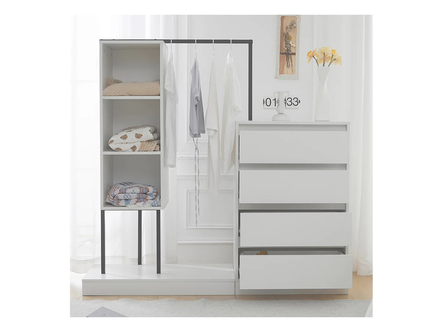 Multifunctionele kledingkast met lades en kledingrek, spaanplaat/metaal wit/zwart (140x40x135cm)