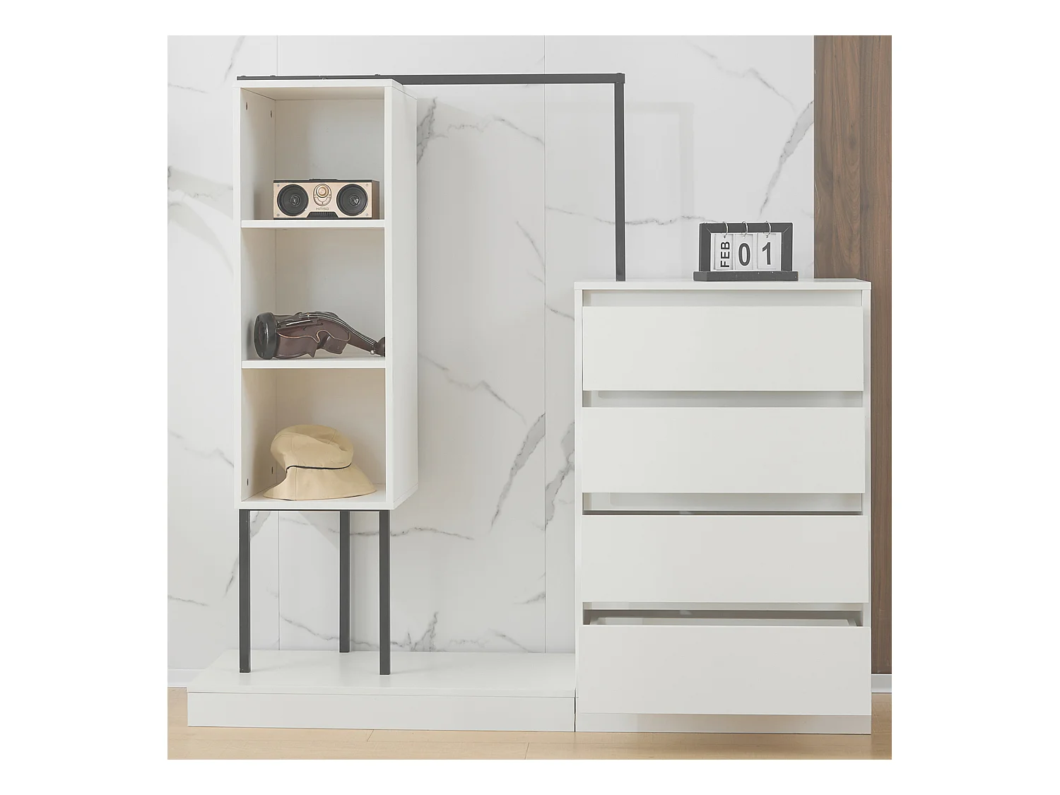 Multifunctionele kledingkast met lades en kledingrek, spaanplaat/metaal wit/zwart (140x40x135cm)