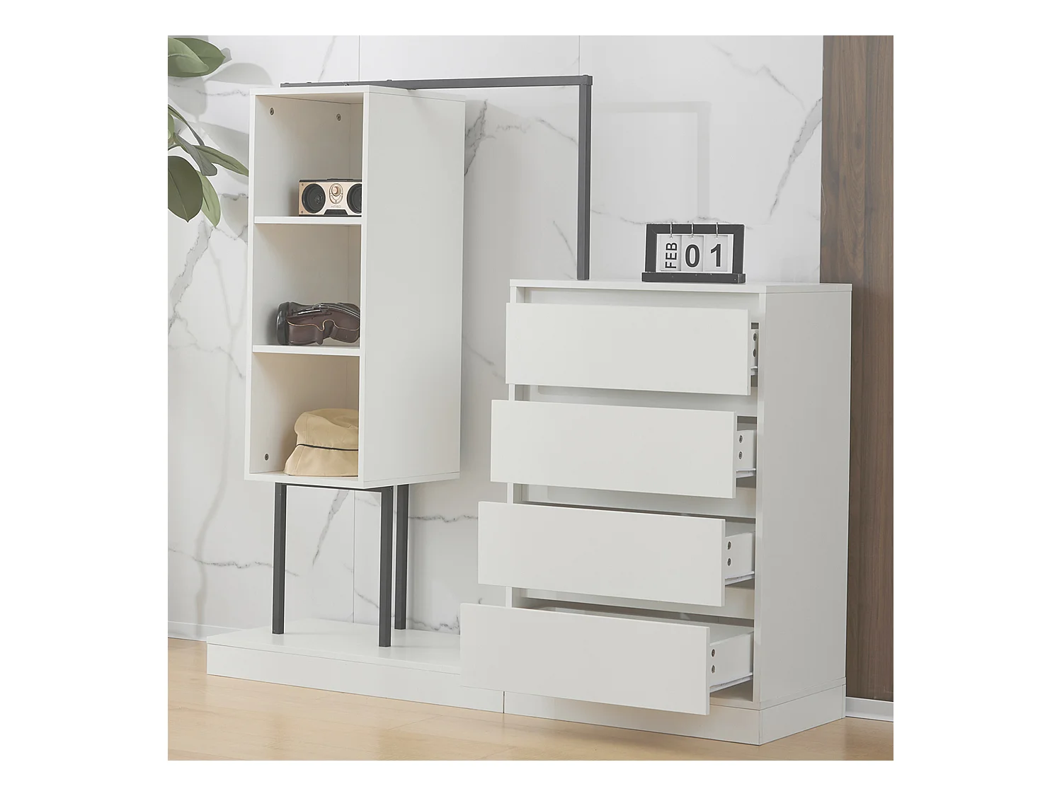 Multifunctionele kledingkast met lades en kledingrek, spaanplaat/metaal wit/zwart (140x40x135cm)