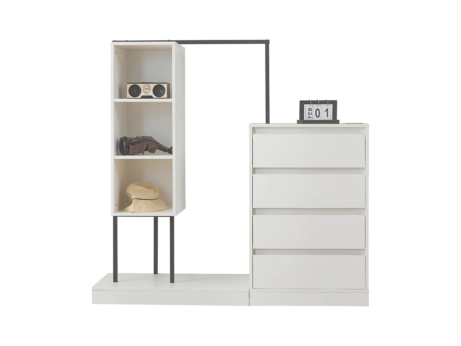 Multifunctionele kledingkast met lades en kledingrek, spaanplaat/metaal wit/zwart (140x40x135cm)