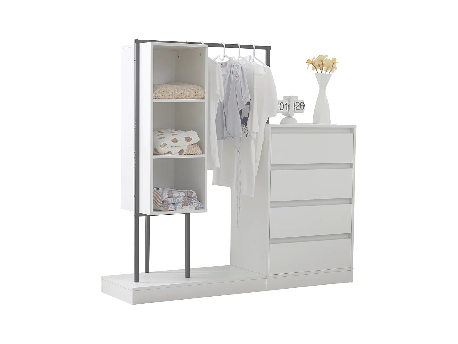 Multifunctionele kledingkast met lades en kledingrek, spaanplaat/metaal wit/zwart (140x40x135cm)