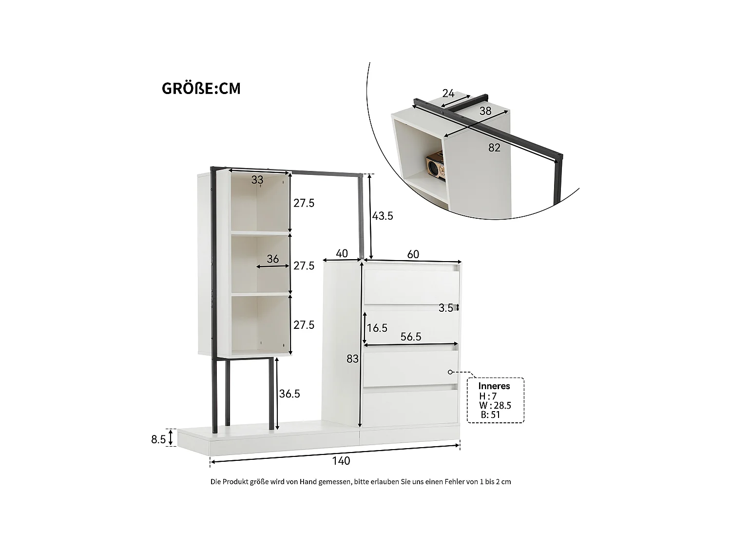 Multifunctionele kledingkast met lades en kledingrek, spaanplaat/metaal wit/zwart (140x40x135cm)