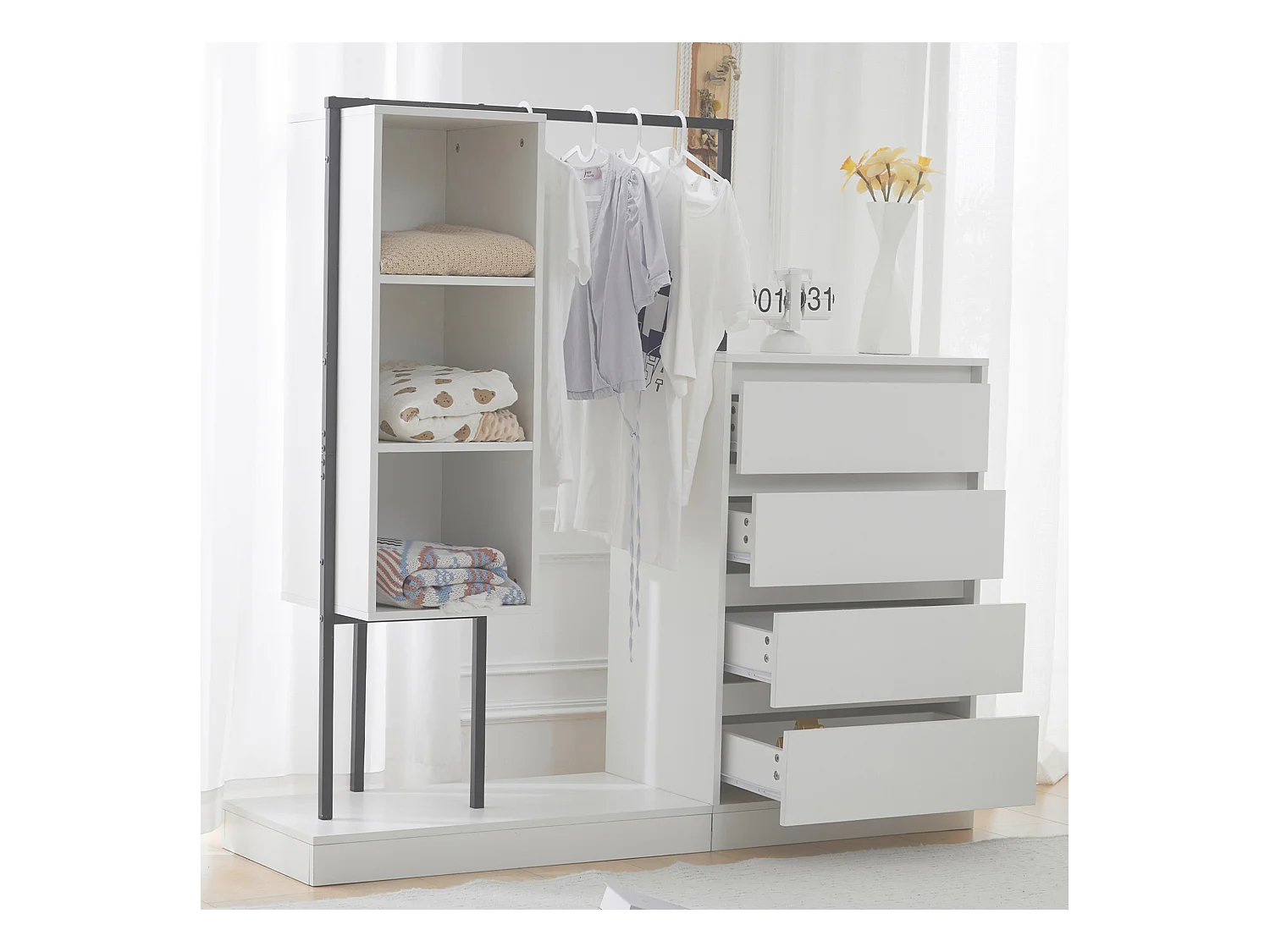 Armoire multifonction avec tiroirs et porte-vêtements, panneau particules/métal blanc/noir (140x40x135cm)