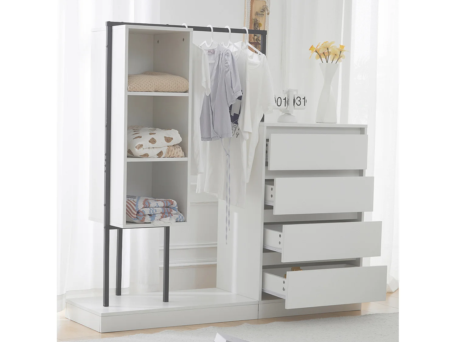 Multifunctionele kledingkast met lades en kledingrek, spaanplaat/metaal wit/zwart (140x40x135cm)