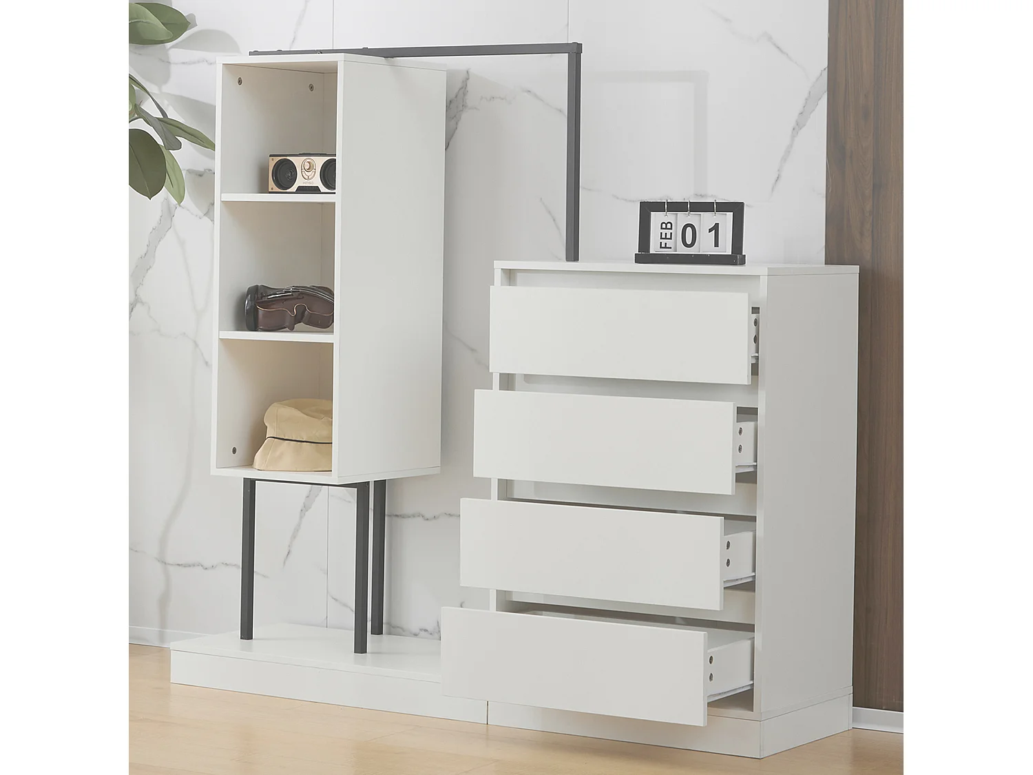 Multifunctionele kledingkast met lades en kledingrek, spaanplaat/metaal wit/zwart (140x40x135cm)