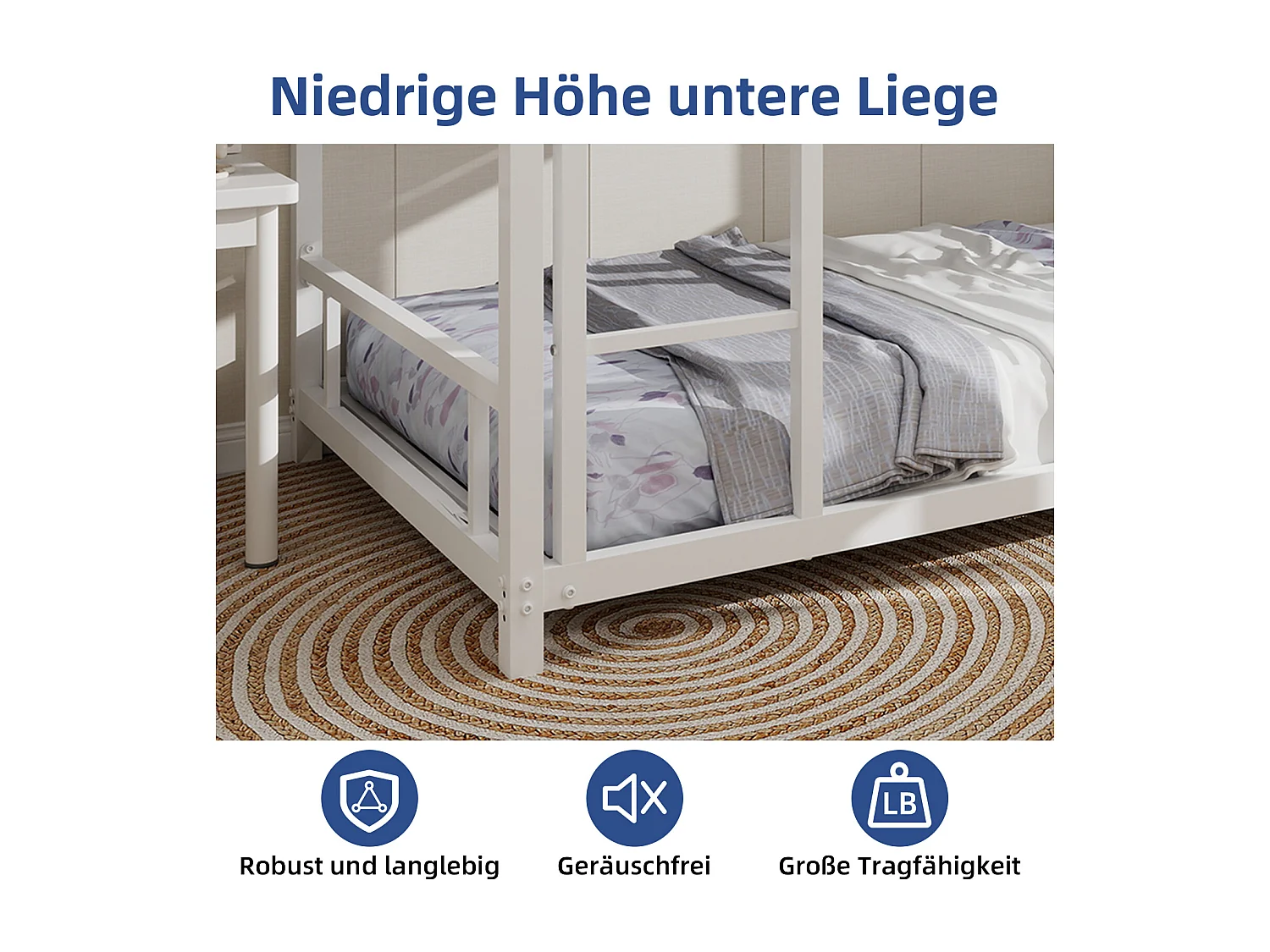 Lit superposé en métal lourd et stable, avec 2 lits simples, silencieux, blanc, sans sommier nécessaire (197x104x137cm)