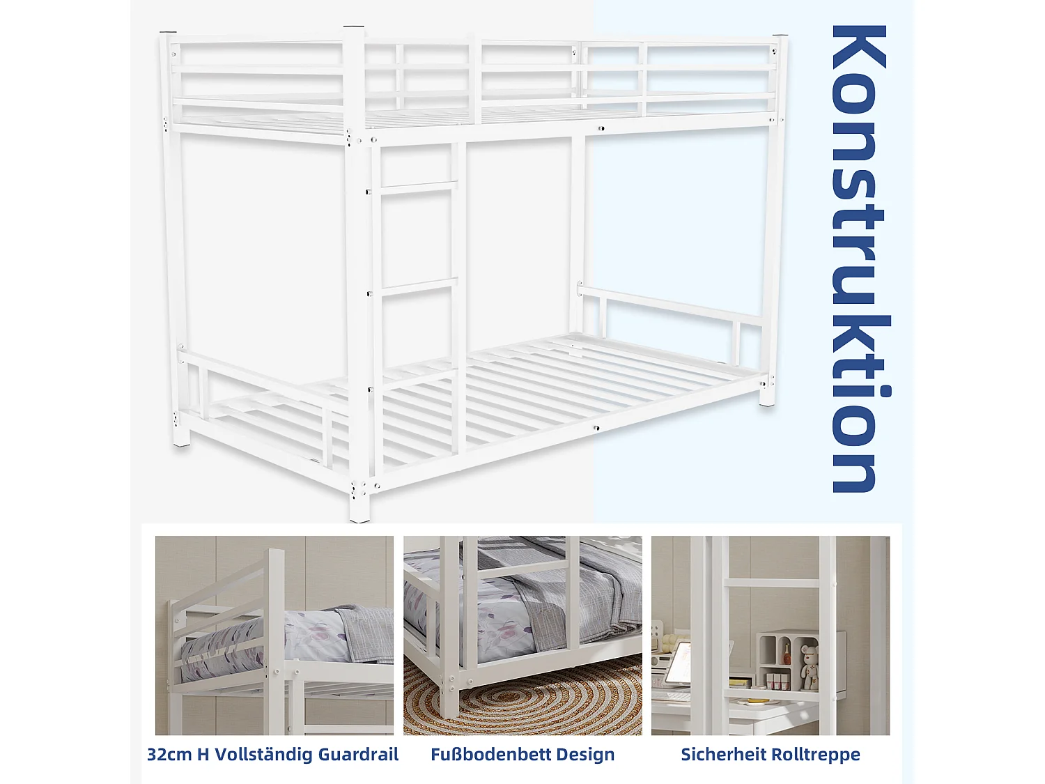 Lit superposé en métal lourd et stable, avec 2 lits simples, silencieux, blanc, sans sommier nécessaire (197x104x137cm)