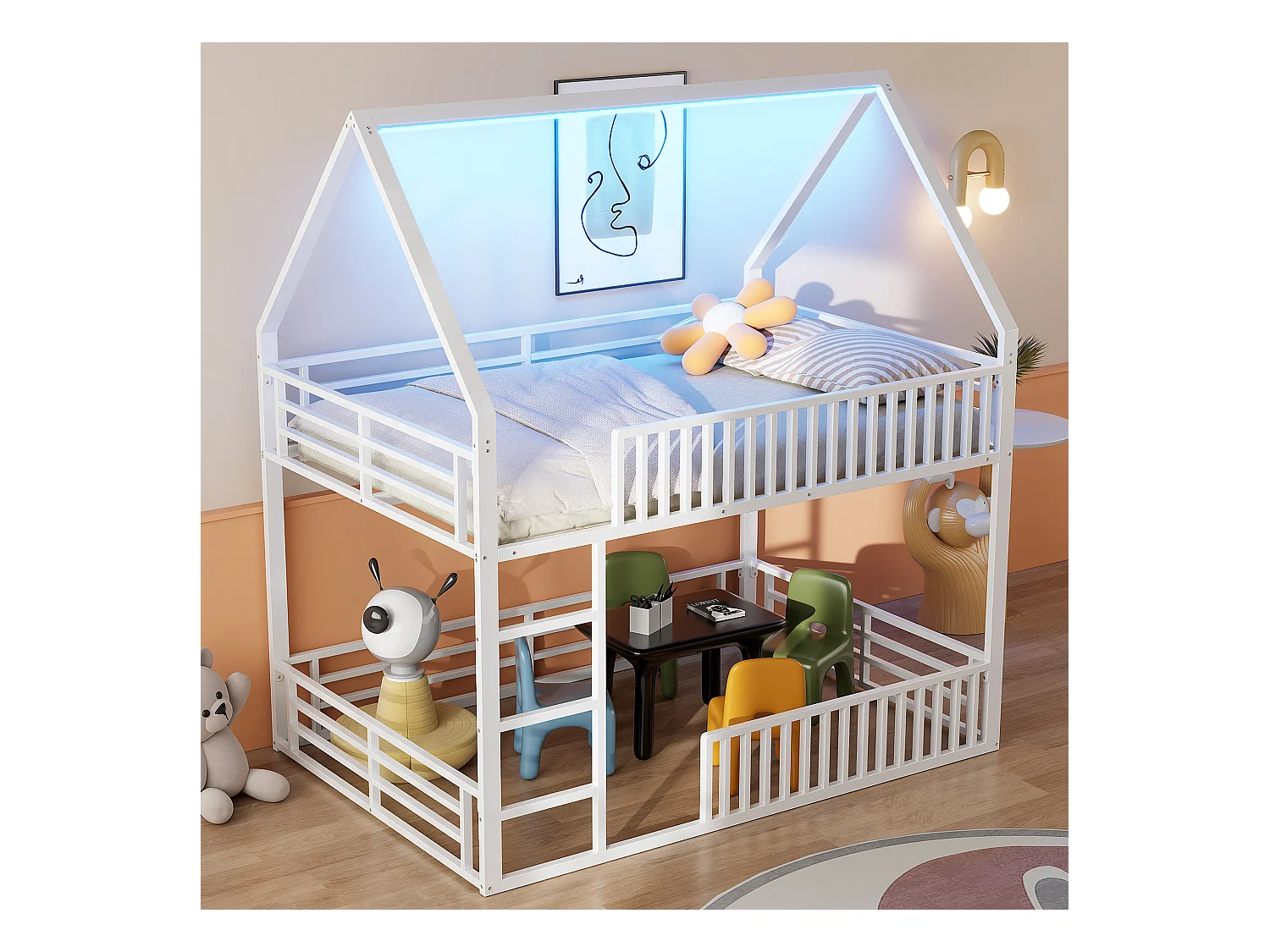 Lit superposé en forme de maison avec barrière et éclairage LED, métal, blanc (140x200x214 cm)