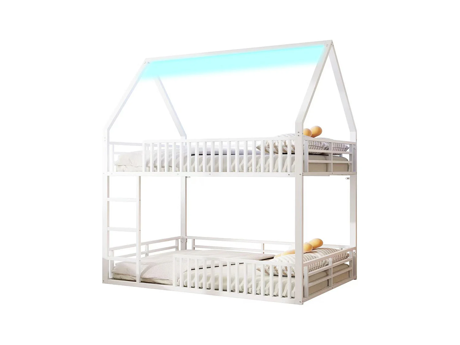 Lit superposé en forme de maison avec barrière et éclairage LED, métal, blanc (140x200x214 cm)