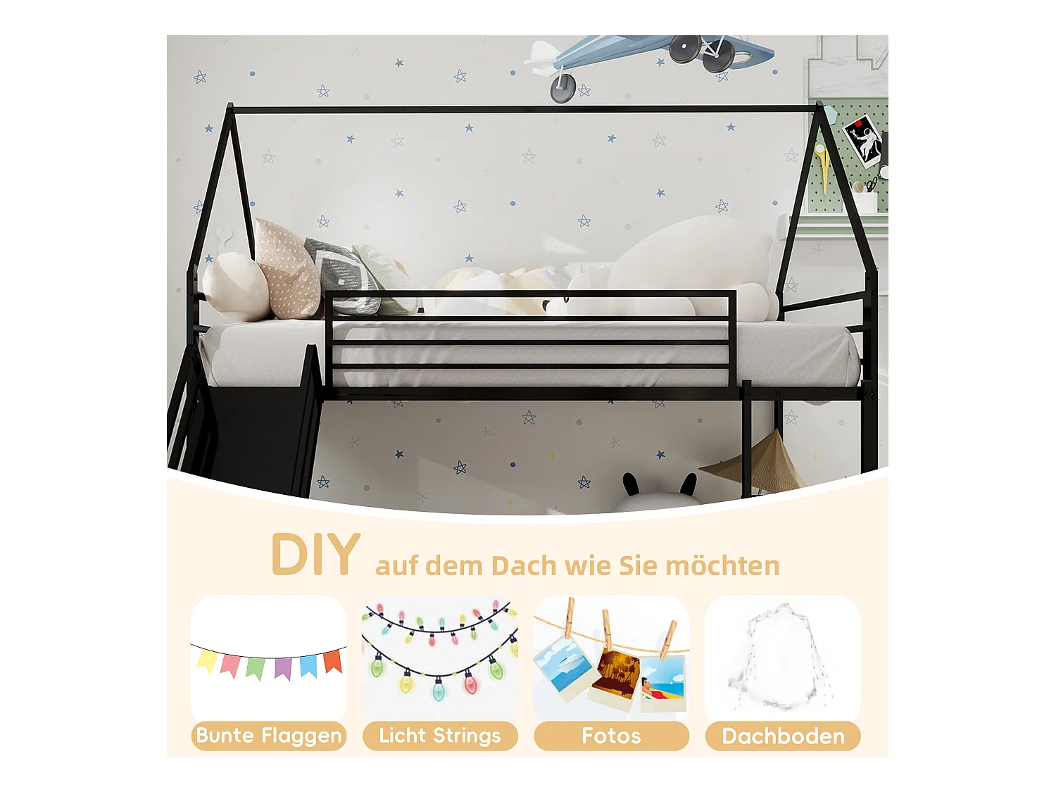 Lit superposé twin avec toboggan, design maison, métal, noir (194x105x179cm)