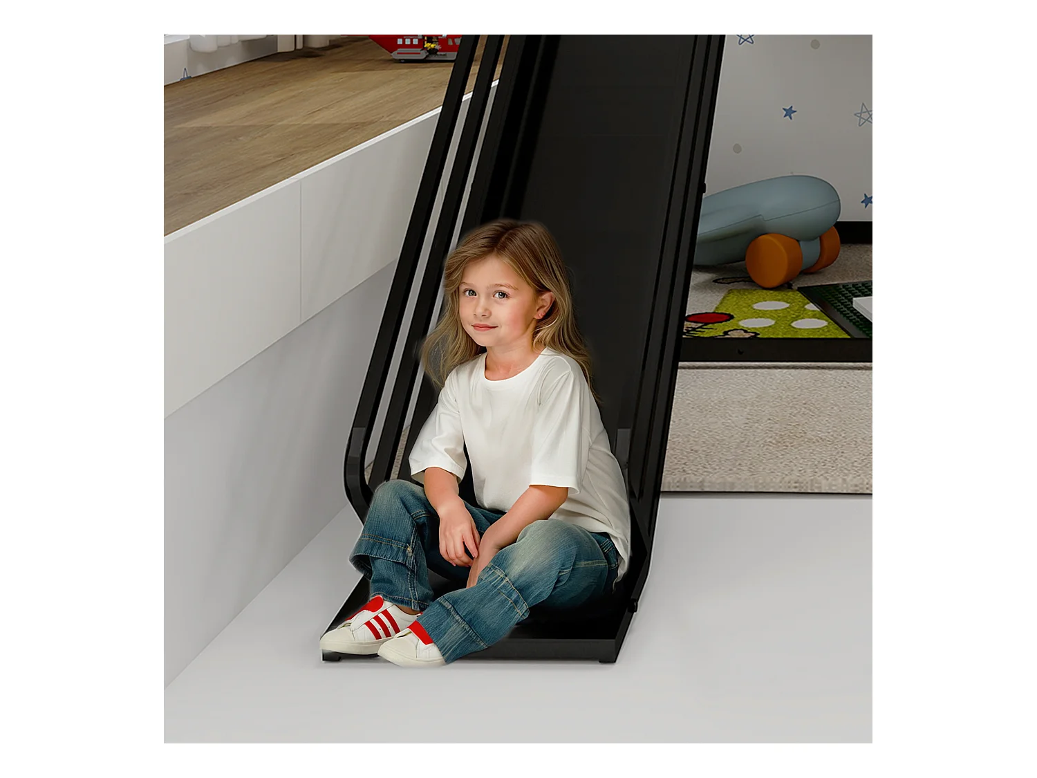 Lit superposé twin avec toboggan, design maison, métal, noir (194x105x179cm)