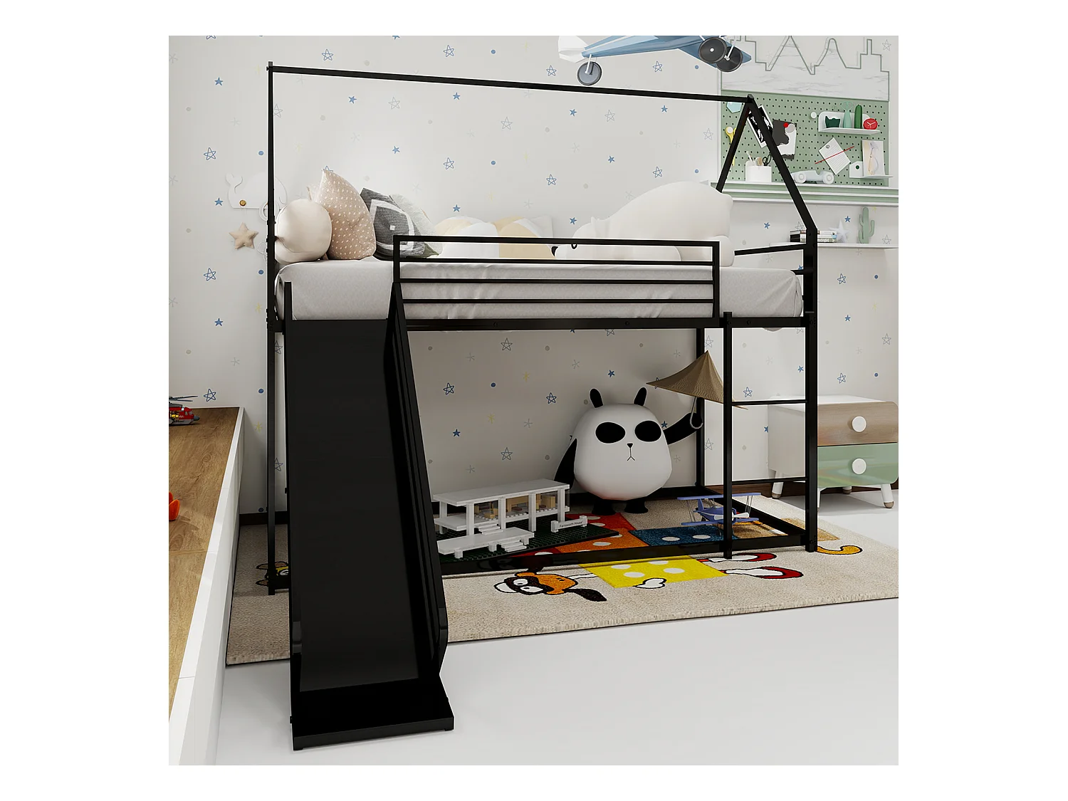 Lit superposé twin avec toboggan, design maison, métal, noir (194x105x179cm)