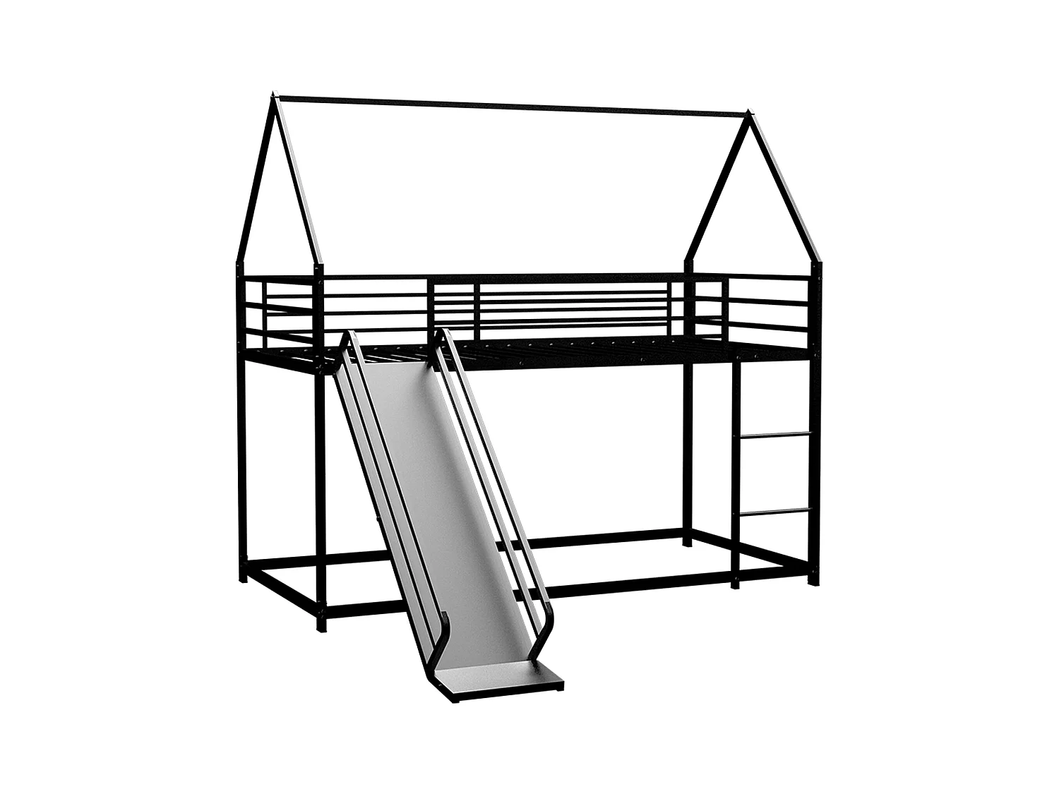Lit superposé twin avec toboggan, design maison, métal, noir (194x105x179cm)