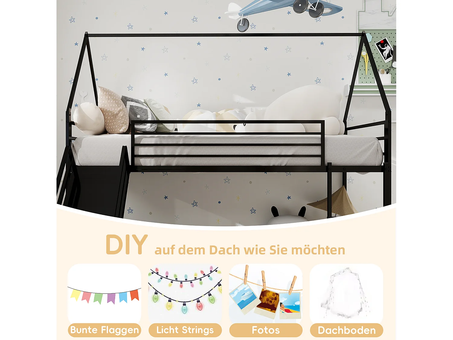 Letto a castello con scivolo, design per la casa, metallo, nero (194x105x179cm)