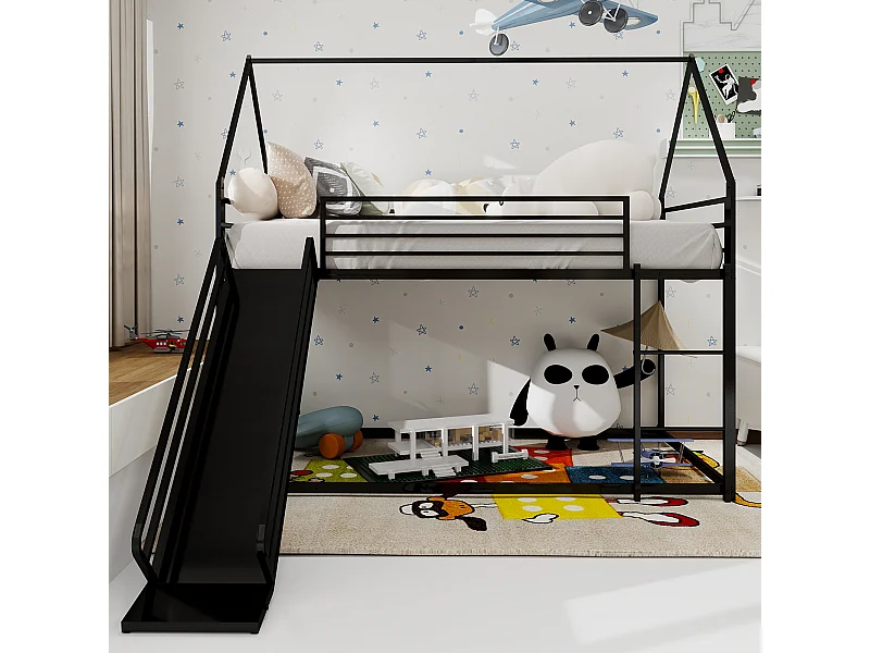 Lit superposé twin avec toboggan, design maison, métal, noir (194x105x179cm)