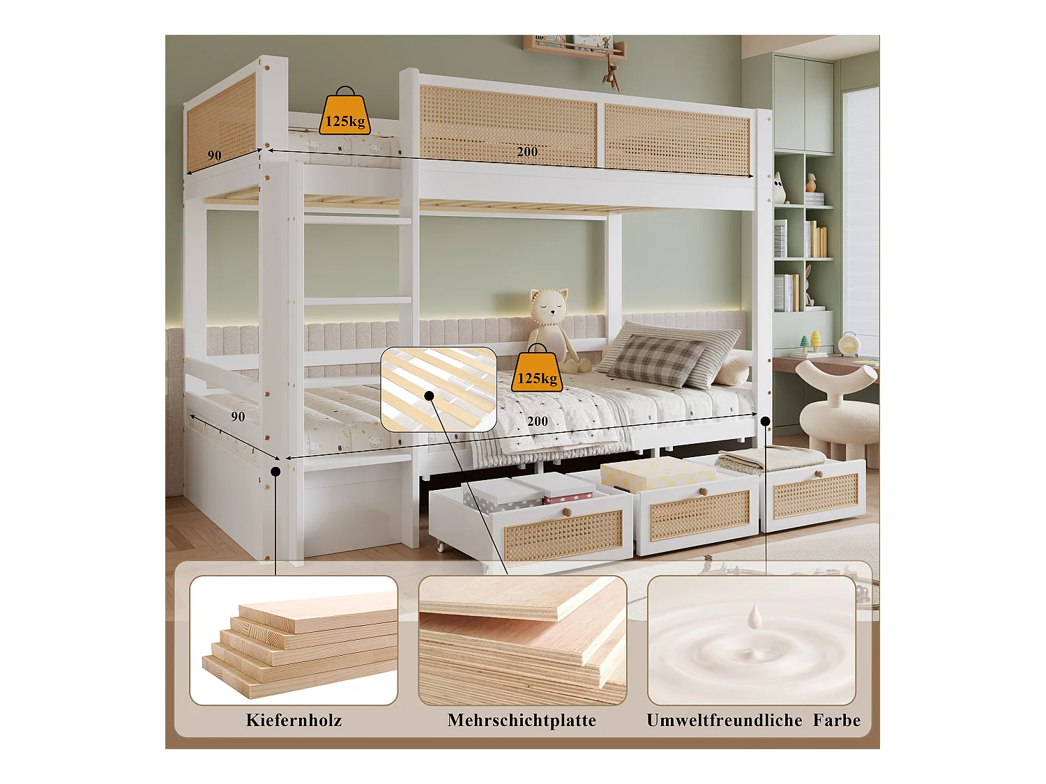 Lit superposé enfant avec rangements, barrière en rotin tressé, pin+MDF, blanc+nature, 3 tiroirs à roulettes (205x102.5x150cm)