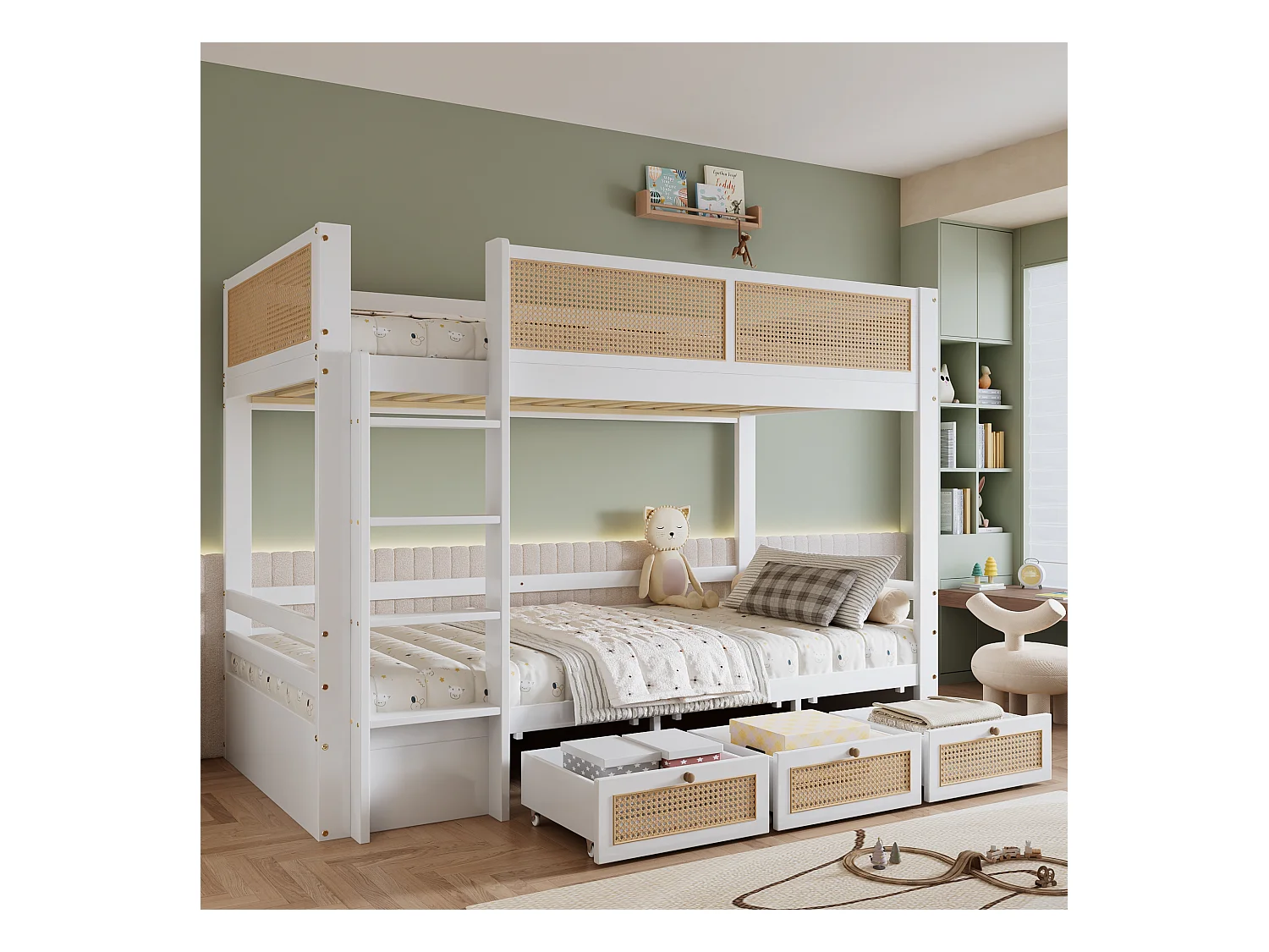 Lit superposé enfant avec rangements, barrière en rotin tressé, pin+MDF, blanc+nature, 3 tiroirs à roulettes (205x102.5x150cm)
