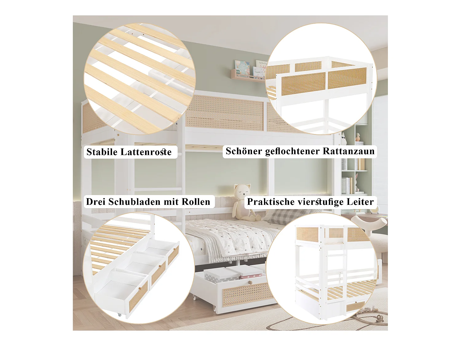 Litera infantil con almacenaje, barandilla de ratán trenzado, pino + MDF, blanco + natural, 3 cajones con ruedas (205x102,5x150cm)