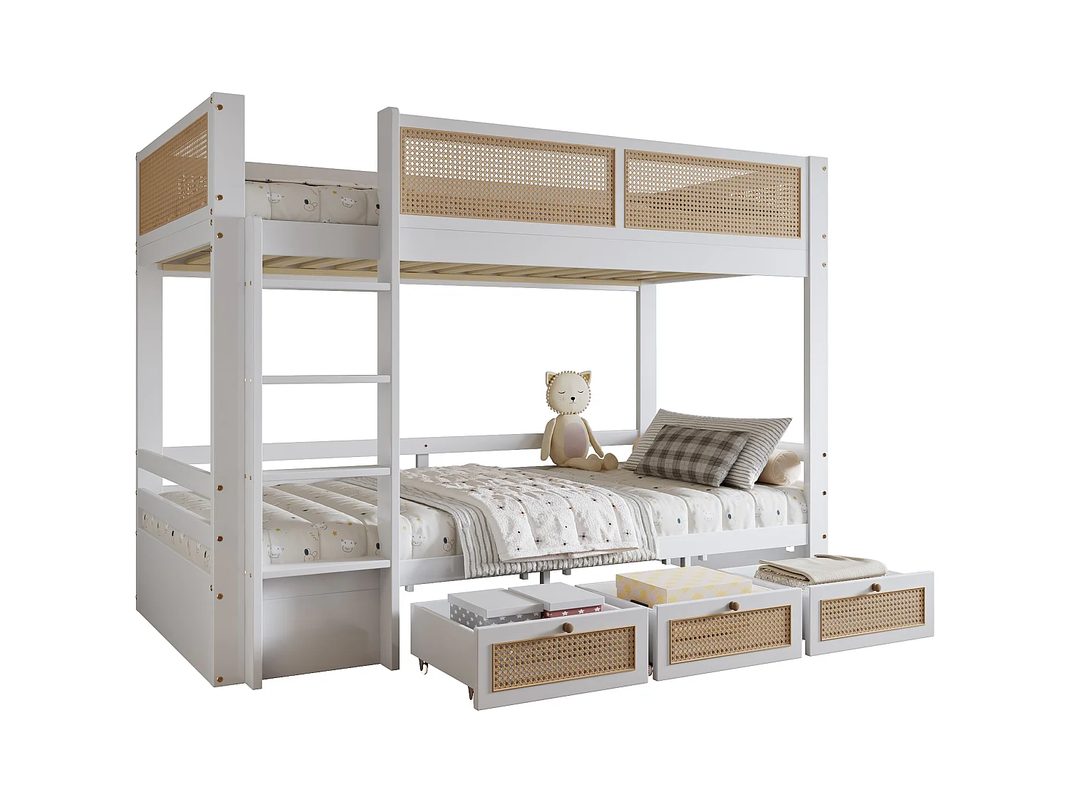 Litera infantil con almacenaje, barandilla de ratán trenzado, pino + MDF, blanco + natural, 3 cajones con ruedas (205x102,5x150cm)