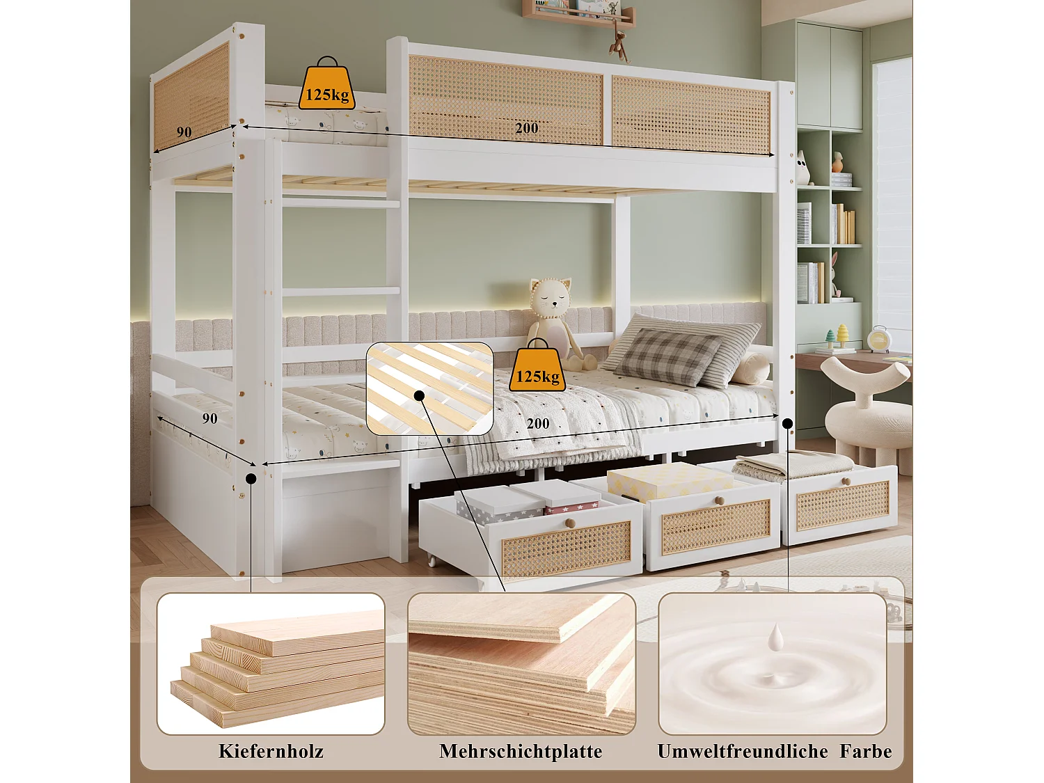 Lit superposé enfant avec rangements, barrière en rotin tressé, pin+MDF, blanc+nature, 3 tiroirs à roulettes (205x102.5x150cm)