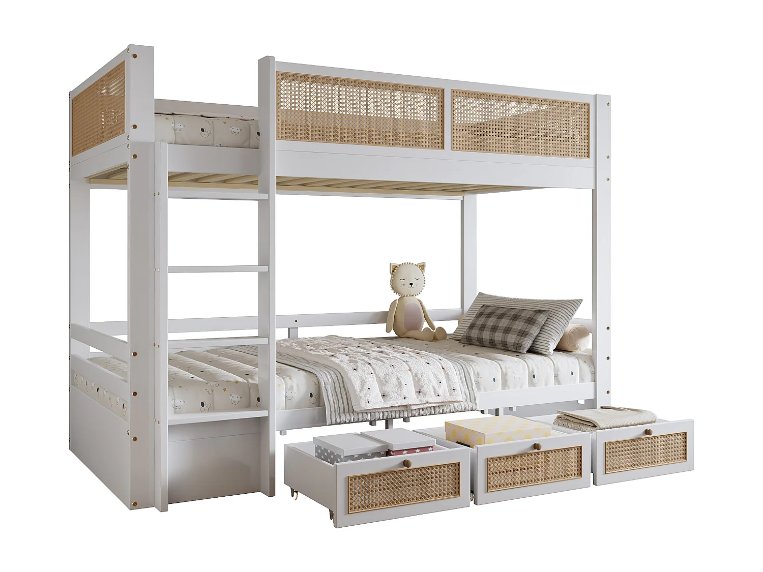 Lit superposé enfant avec rangements, barrière en rotin tressé, pin+MDF, blanc+nature, 3 tiroirs à roulettes (205x102.5x150cm)