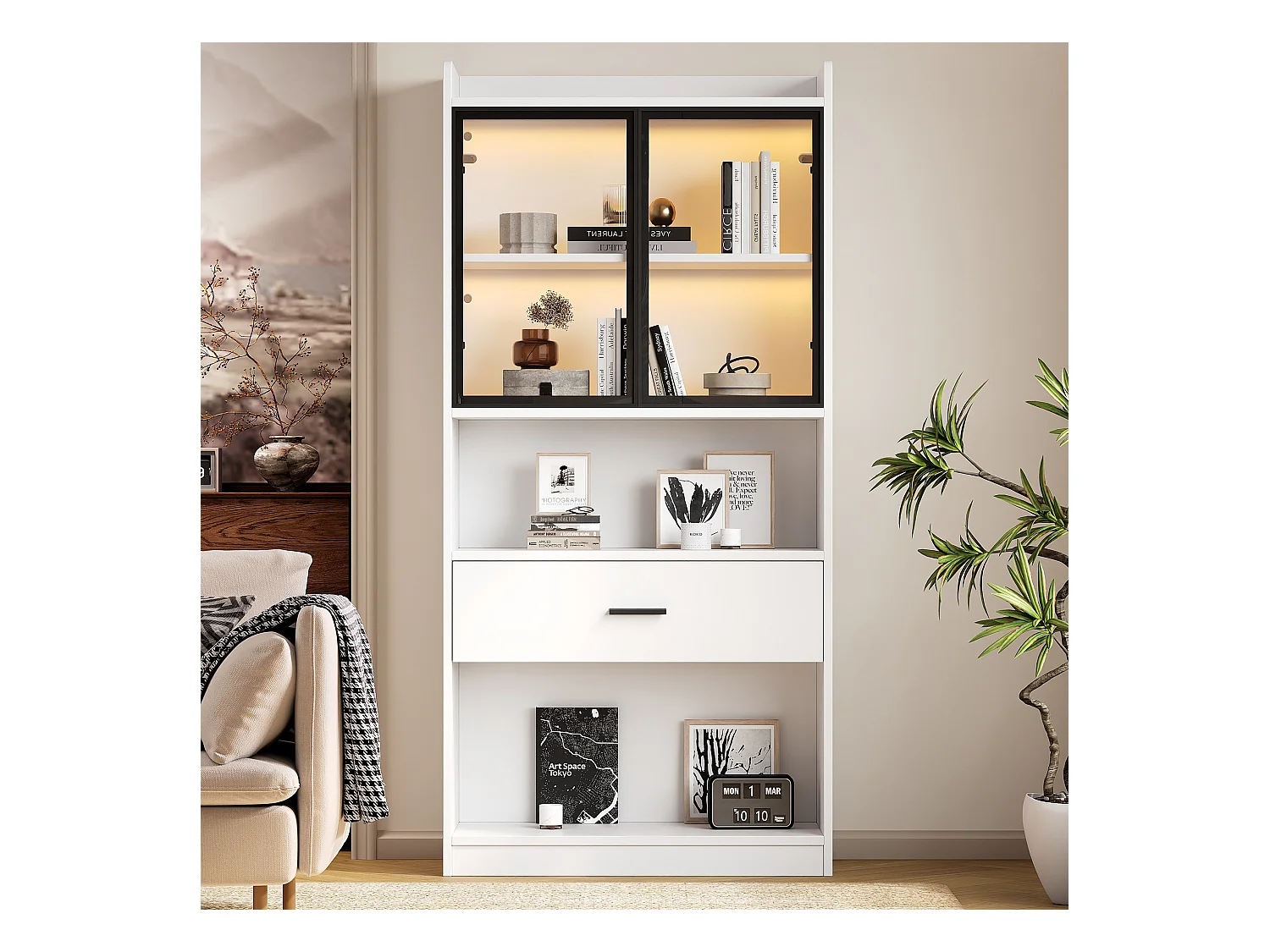 Vitrine collection éclairée, portes verre, panneau particules blanc/noir, 1 tiroir, LED 16 couleurs (35.2x80x153.5cm)