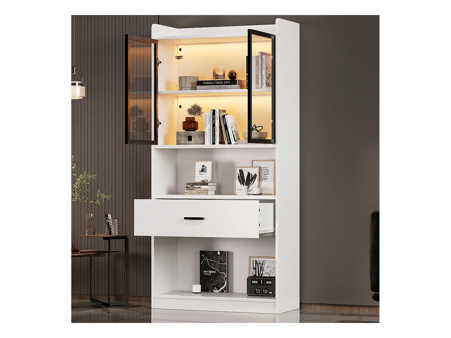 Vitrine collection éclairée, portes verre, panneau particules blanc/noir, 1 tiroir, LED 16 couleurs (35.2x80x153.5cm)