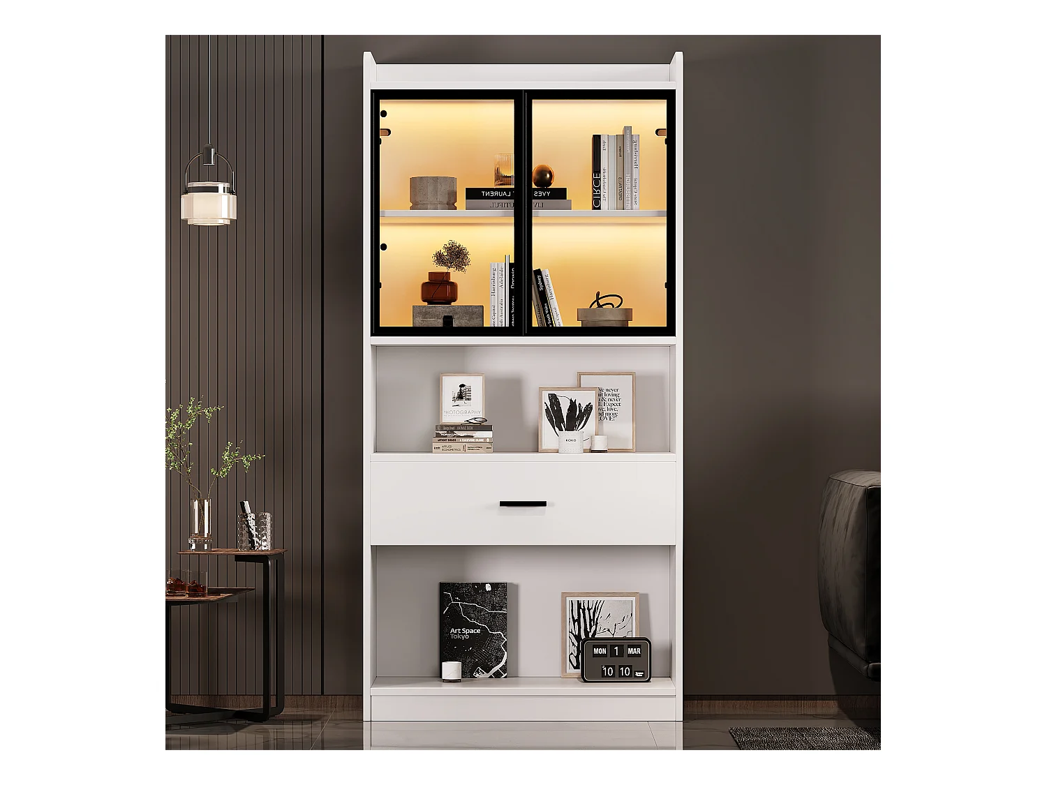 Vitrine collection éclairée, portes verre, panneau particules blanc/noir, 1 tiroir, LED 16 couleurs (35.2x80x153.5cm)